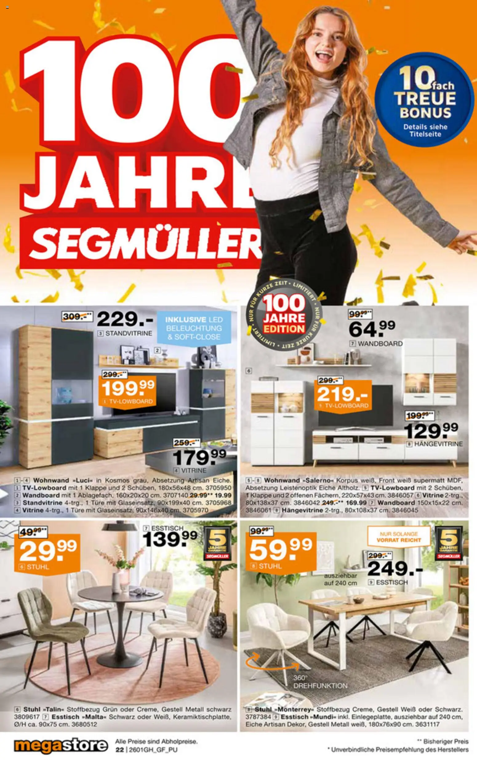 Segmüller 100 Jahre Jubiläums Finale – gültig ab 24.12.2025 | Seite: 38 | Produkte: Wohnwand, Vitrine, Hängevitrine, Stuhl