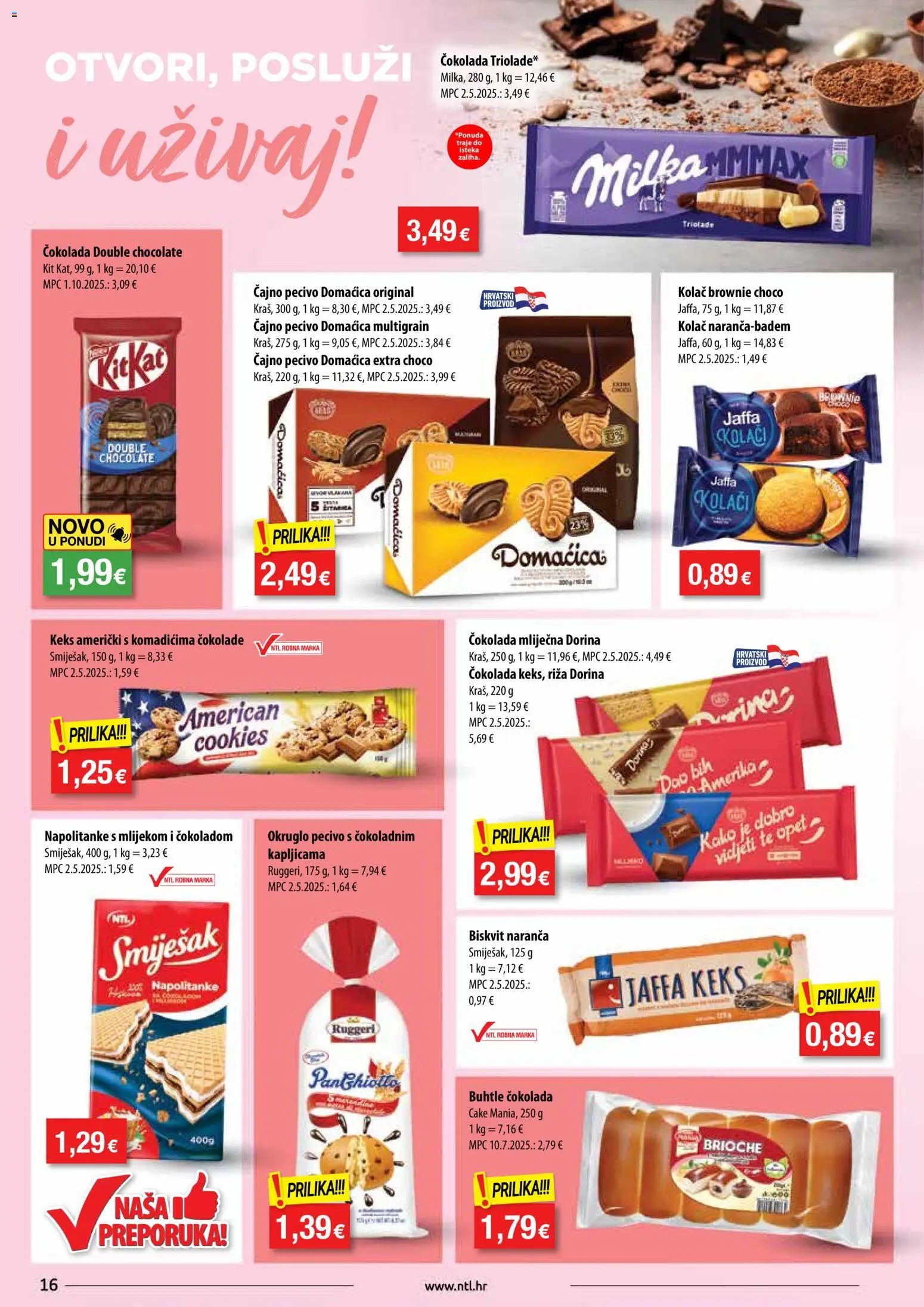 NTL katalog | vrijedi od 22.10.2025 | Stranica: 16 | Proizvodi: Dorina, Čokolada, Milka, Pecivo