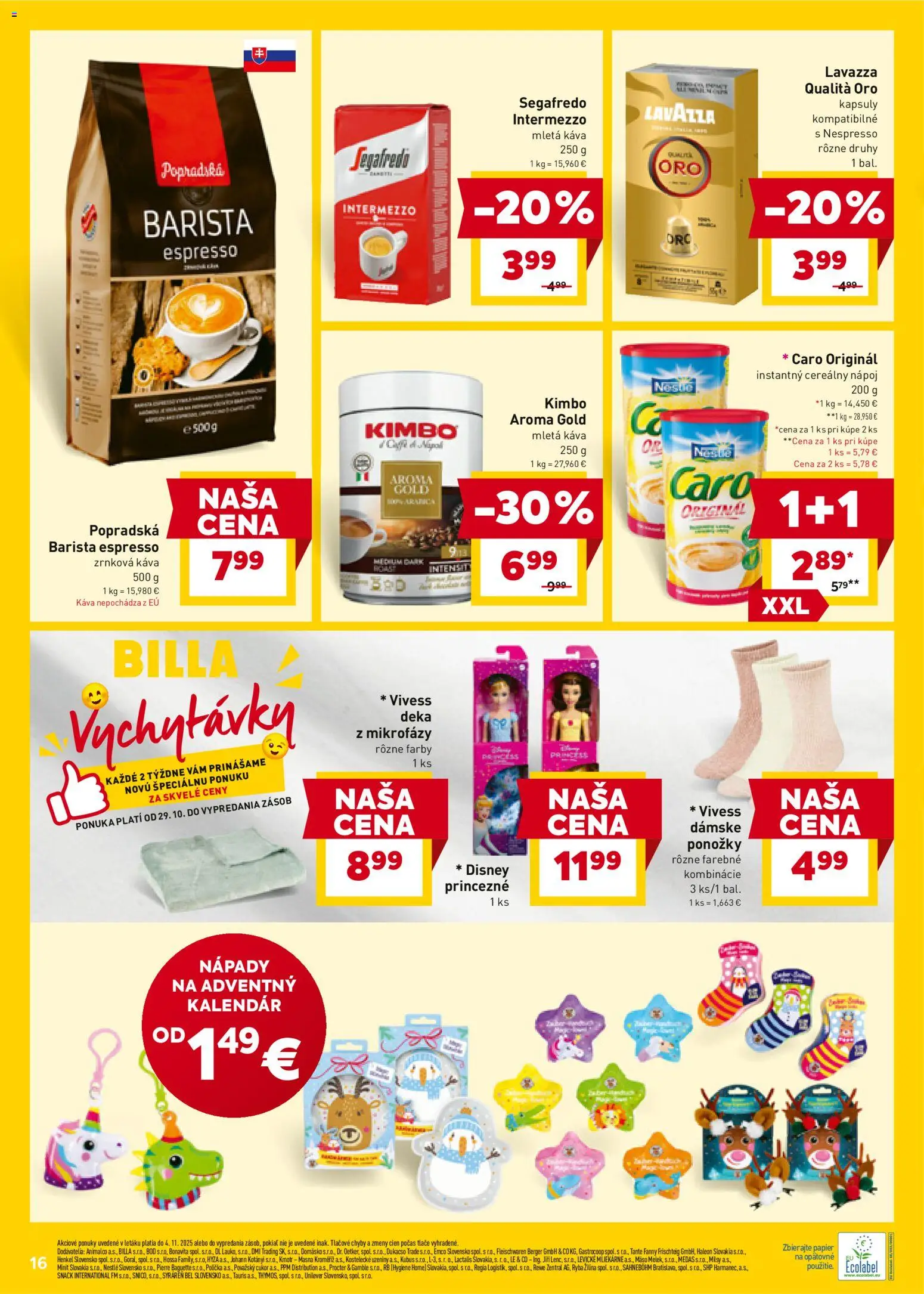 Nové Billa akcie – leták je platný od 29.10.2025 | Strana: 16 | Produkty: Káva, Lavazza, Ponožky, Zrnková káva