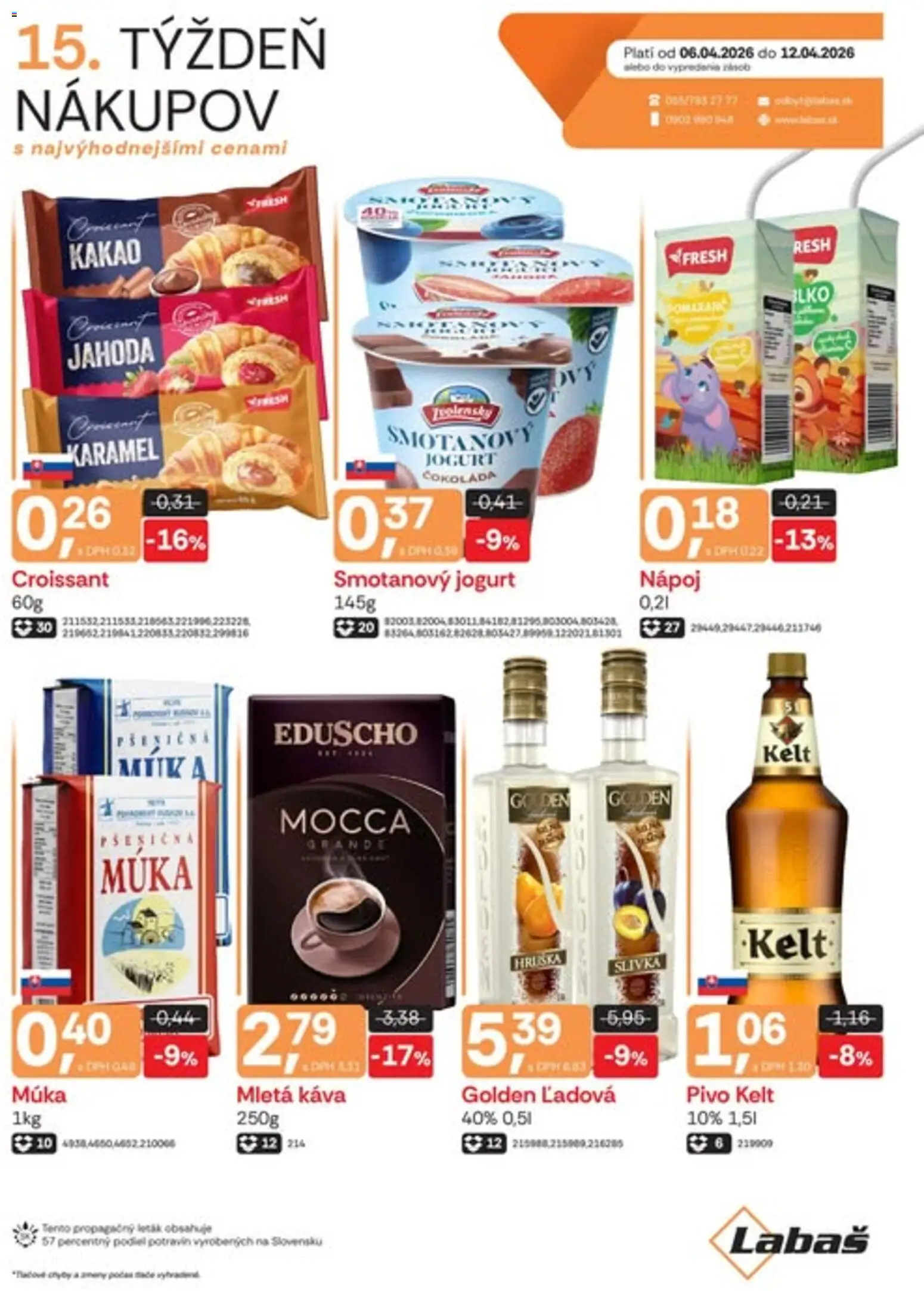 Nové Labaš akcie – leták je platný od 06.04.2026 | Strana: 1 | Produkty: Pivo, Káva, Croissant, Múka