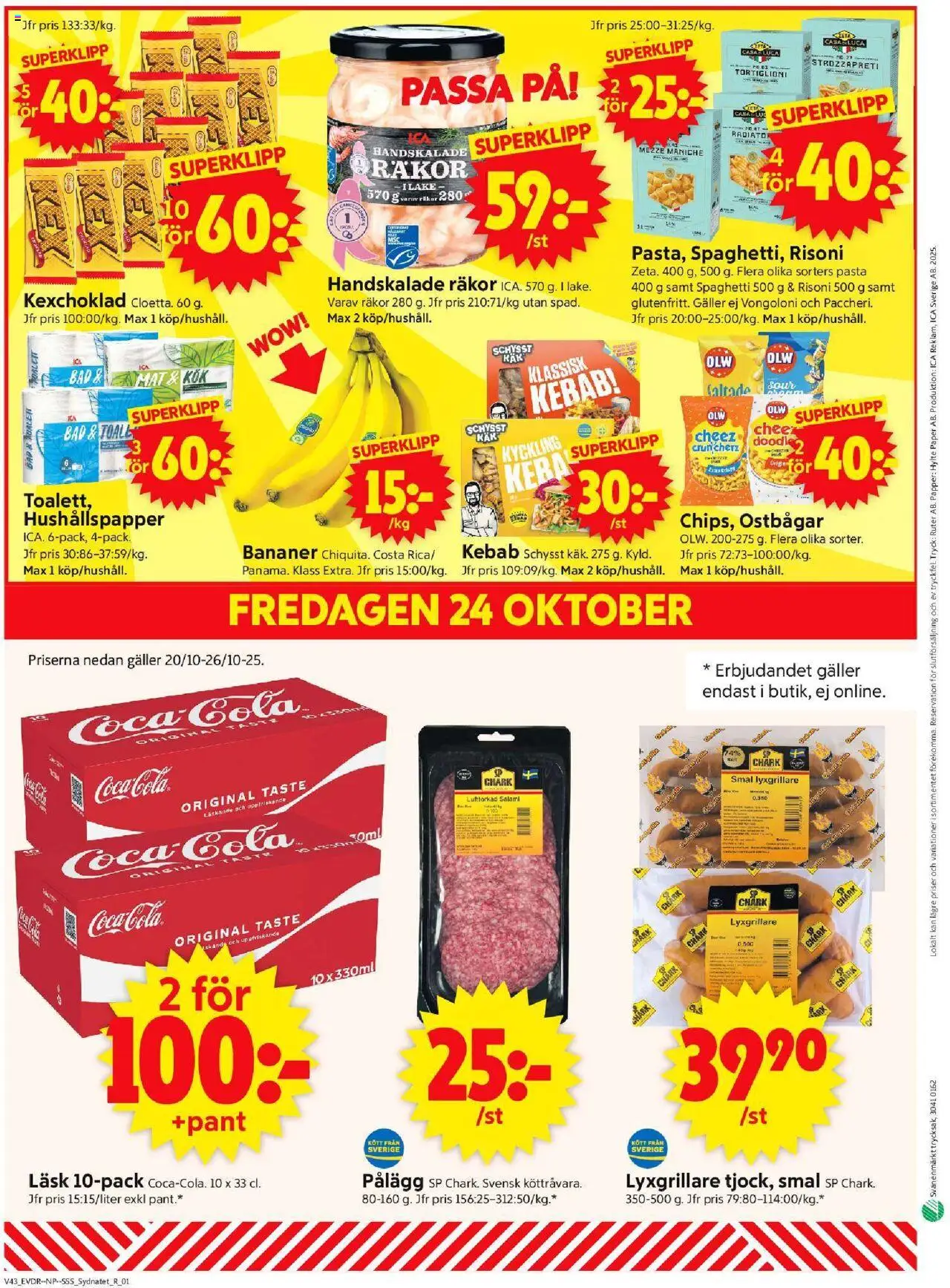 ICA Supermarket reklamblad aktuell från 20.10.2025 | Sida: 14 | Produkter: Galler, Toalett, Bananer, Pasta