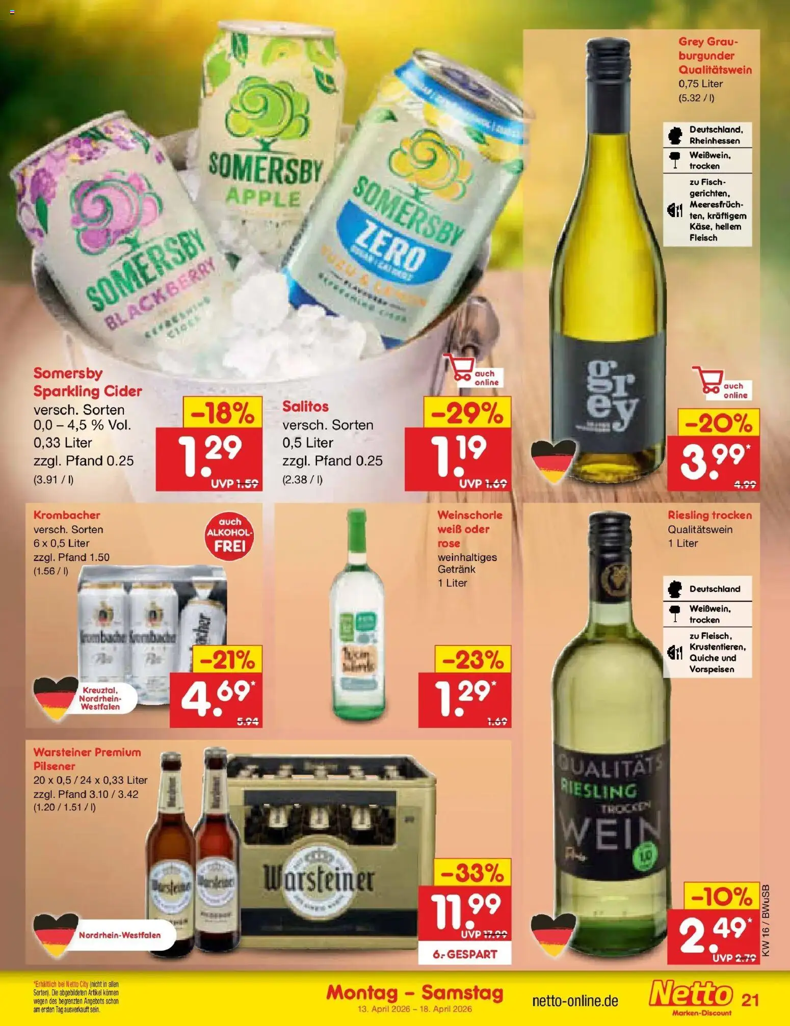 Netto Marken-Discount Prospekt Stemwede-Dielingen	 – gültig ab 13.04.2026 | Seite: 29 | Produkte: Weinschorle, Warsteiner, Krombacher, Fleisch