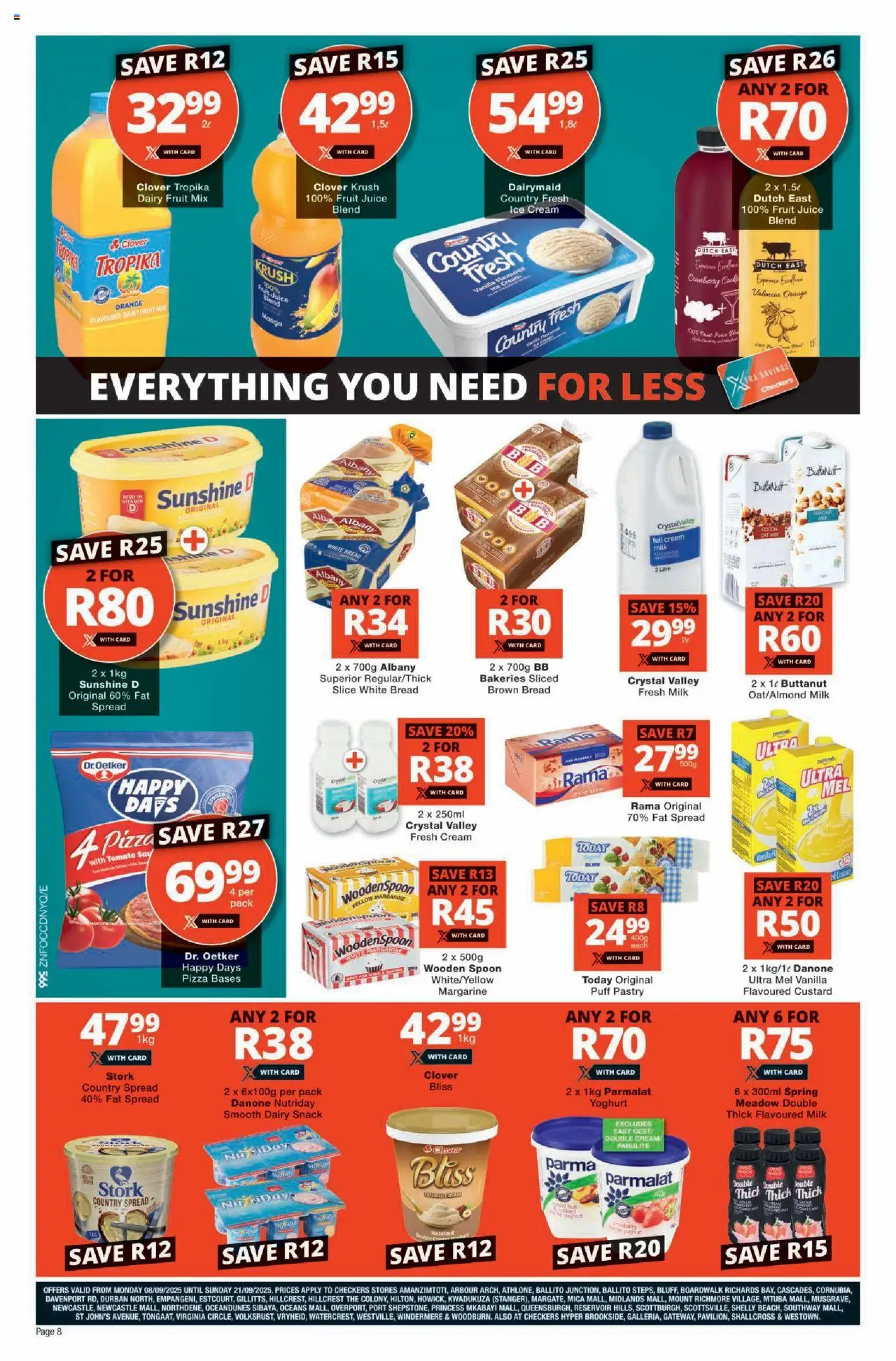 New Checkers catalogue – valid from 08.09.2025 | Page: 8 | Products: Custard, Cream, Fat spread, Fruit