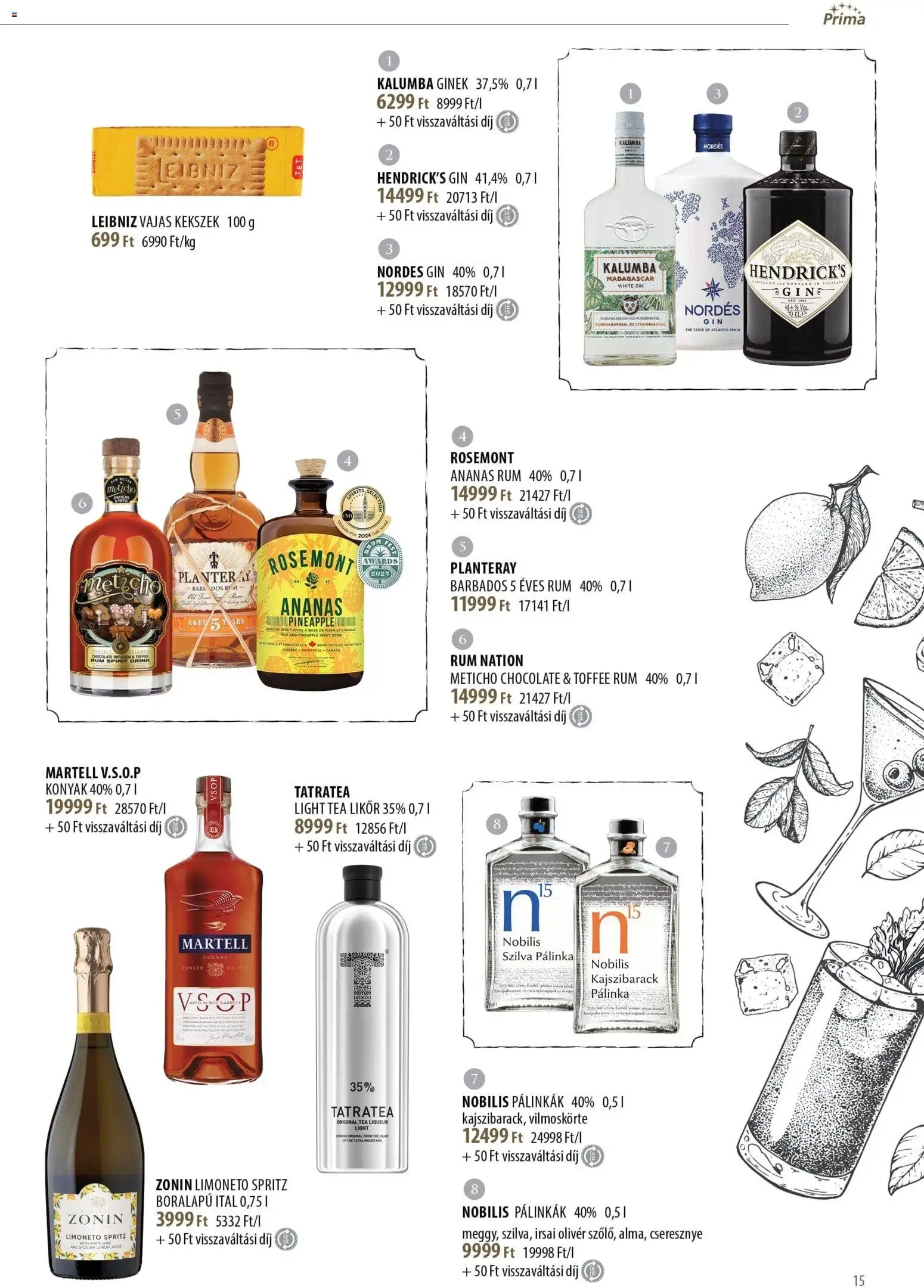 CBA Príma akciós ujság - amely érvényes a következő dátumtól: 11.11.2025 | Oldal: 15 | Termékek: Pálinka, Cseresznye, Rum, Likőr