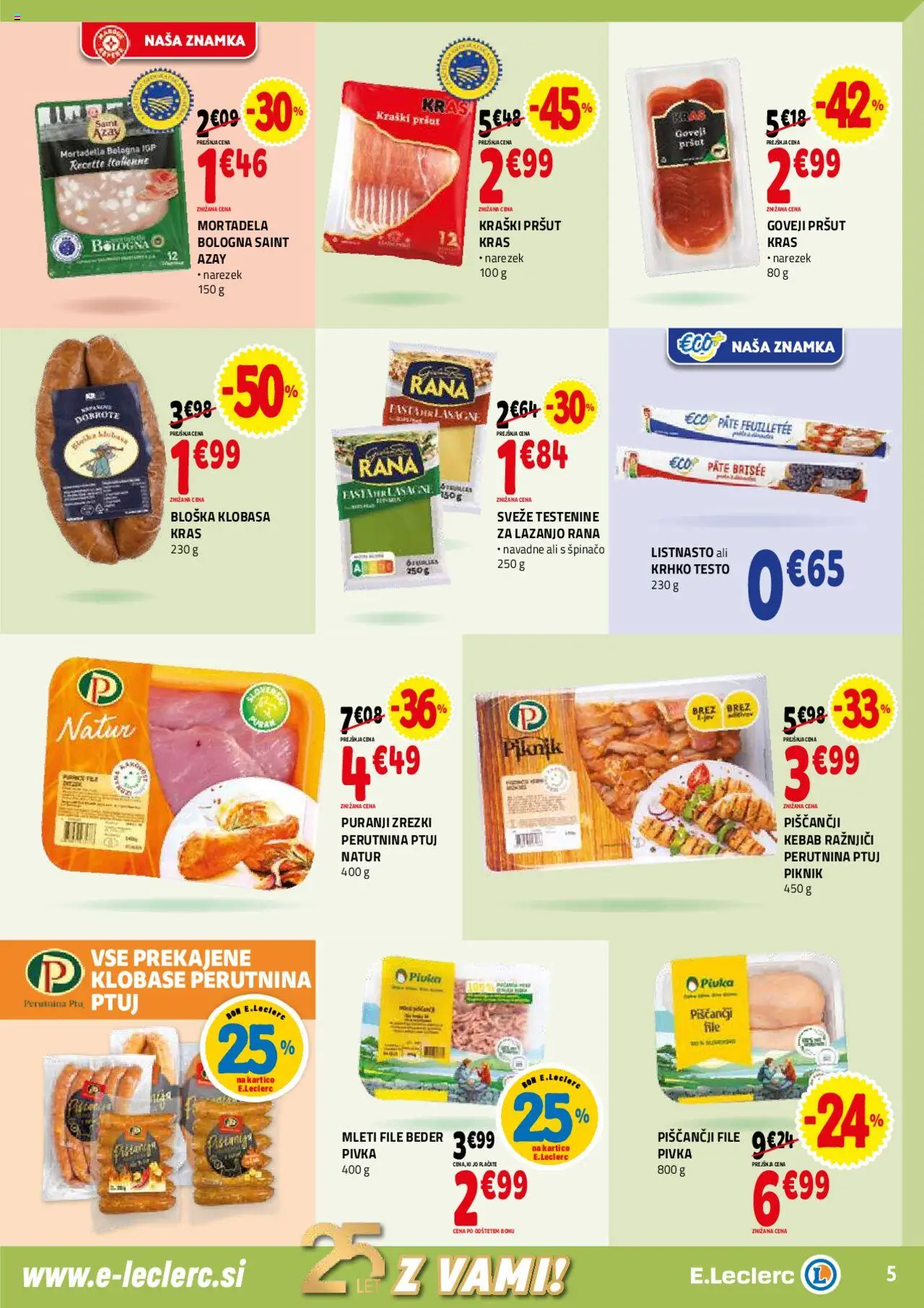 E.leclerc katalog │ velja od 30.07.2025 | Stran: 5 | Izdelki: Mortadela, Ražnjiči, Testenine, Klobase