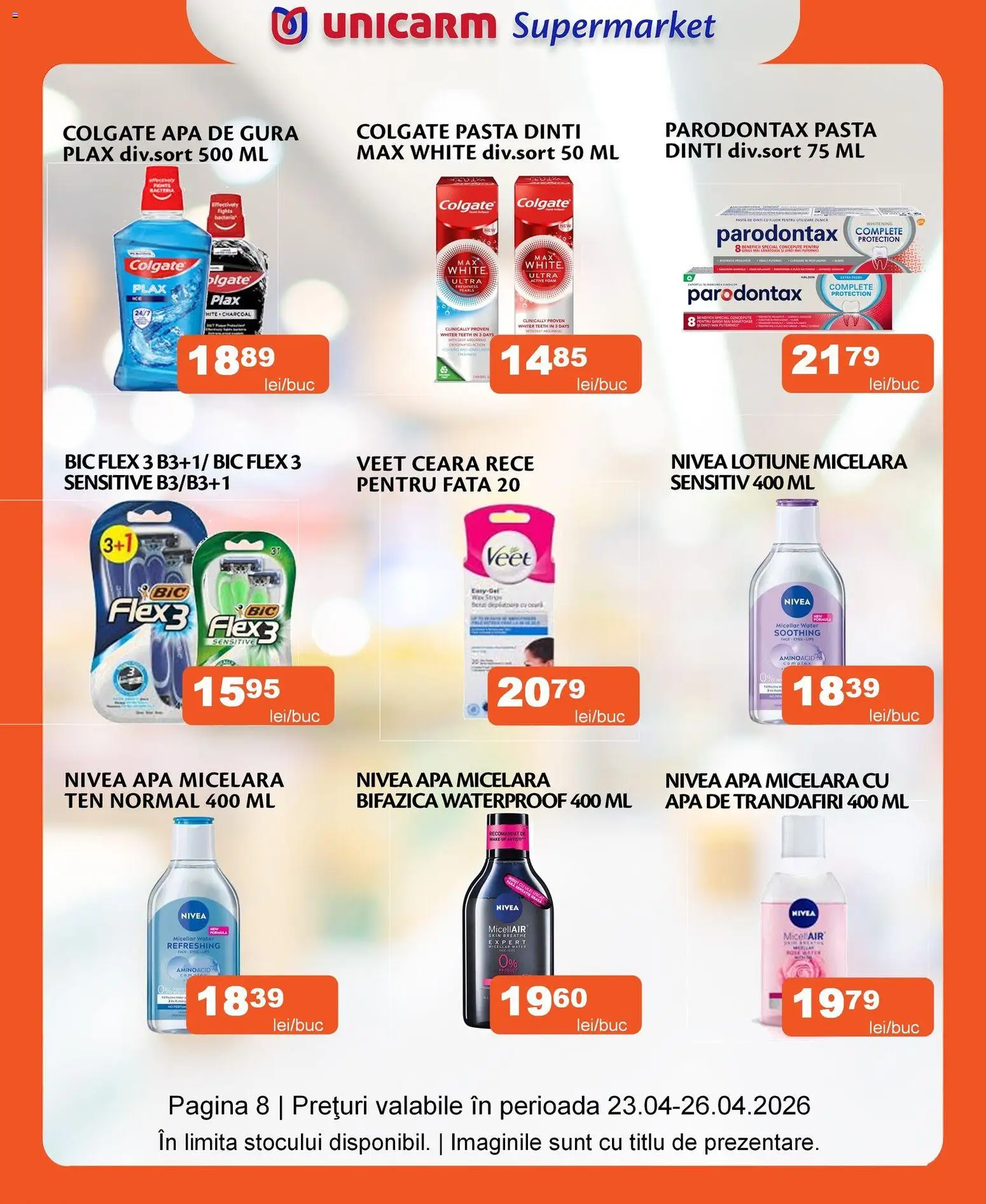 Noul catalog Unicarm – valabil de la 23.04.2026 | Pagină: 8 | Produse: Role, Apă micelară, Apă de gură, Apă
