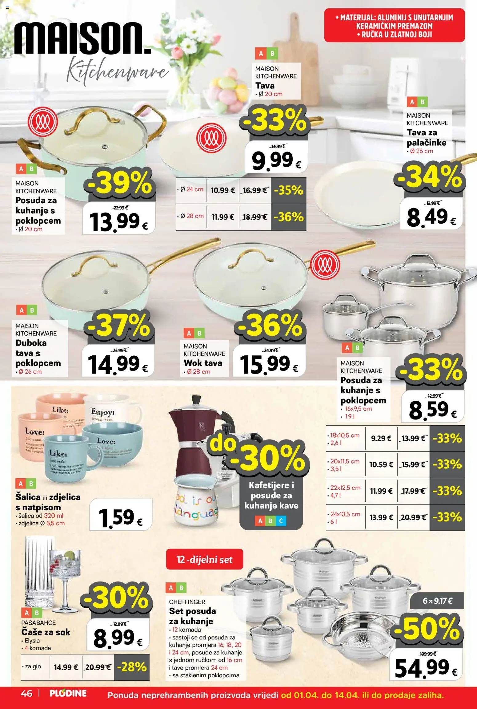 Plodine katalog | vrijedi od 01.04.2026 | Stranica: 54 | Proizvodi: Gin, Čaše, Tava, Šalica