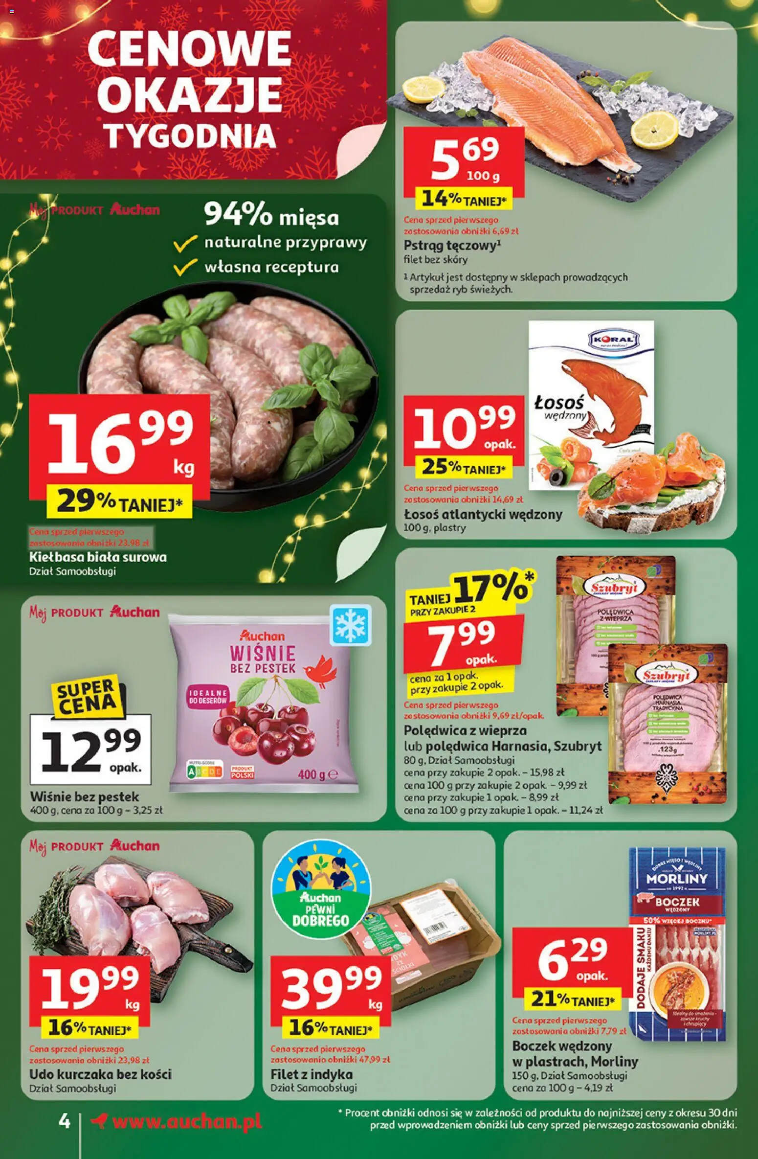 Auchan Gazetka od 13.11.2025 | Strona: 4 | Produkty: Kiełbasa, Łosoś atlantycki, Wiśnie, Boczek