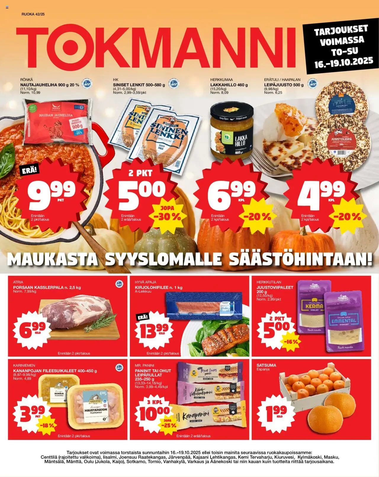 Tokmanni Ruokatarjoukset – voimassa 16.10.2025 alkaen | Sivu: 1 | Tuotteet: Jauheliha, Emmental, Lakka, Lakkahillo
