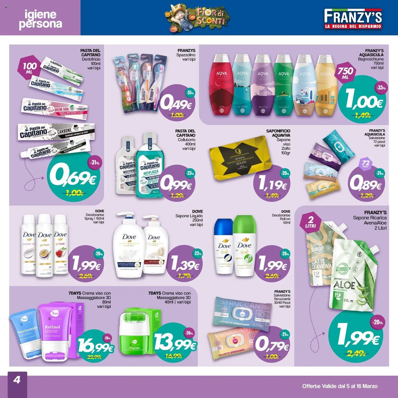 Volantino Franzy's del 05.03.2026 | Pagina: 4 | Prodotti: Crema, Sapone, Bagnoschiuma, Detergente