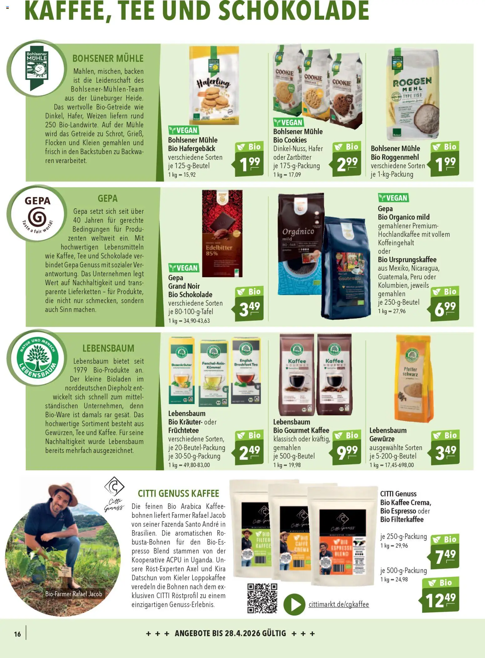 CITTI Markt Bio logisch! – gültig ab 01.04.2026 | Seite: 16 | Produkte: Mehl, Kaffee, Schokolade, Pfeffer