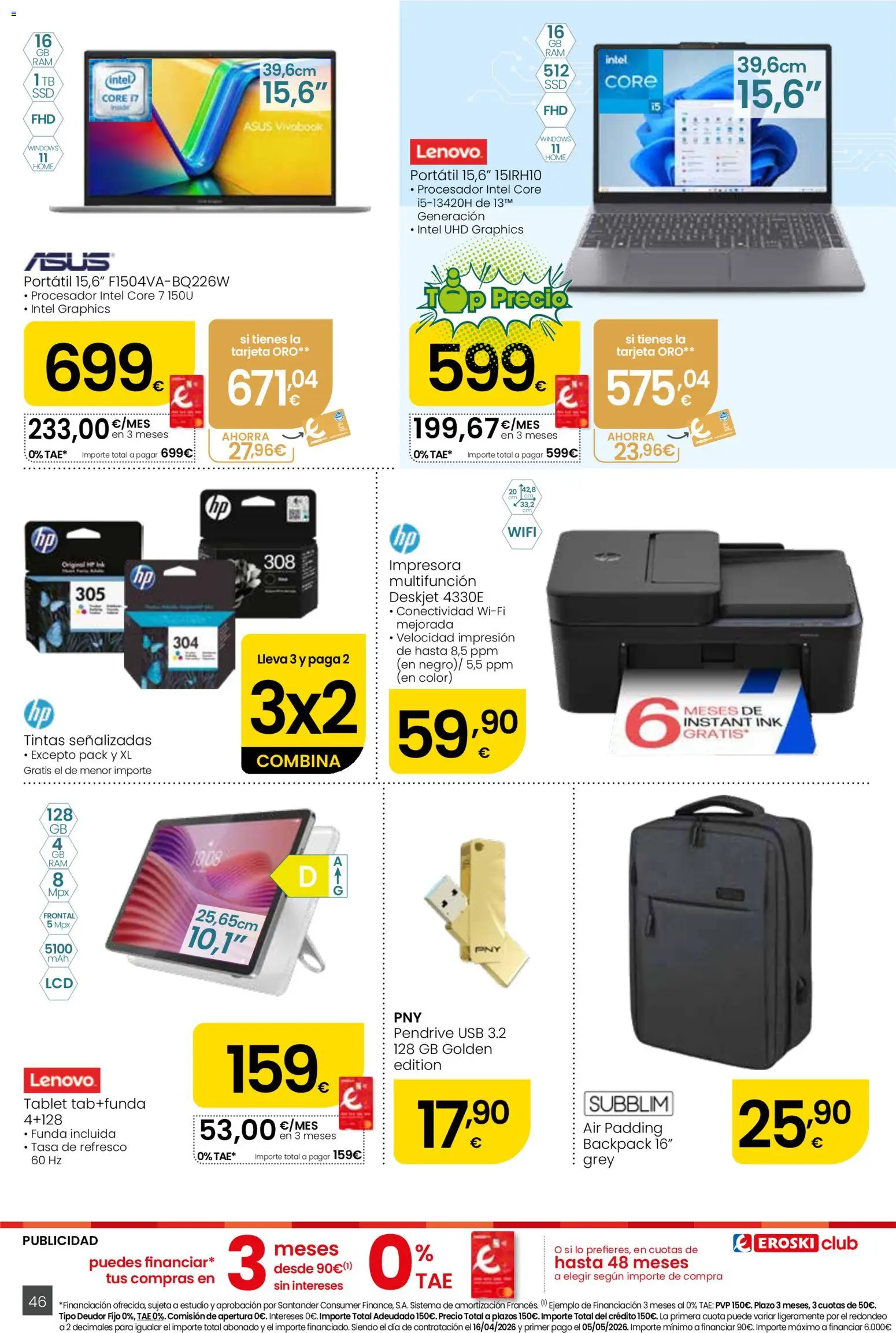 Eroski Quieres ahorrar conmigo │ válido desde el 16.04.2026 | Página: 46 | Productos: Tablet, Impresora, Funda, USB