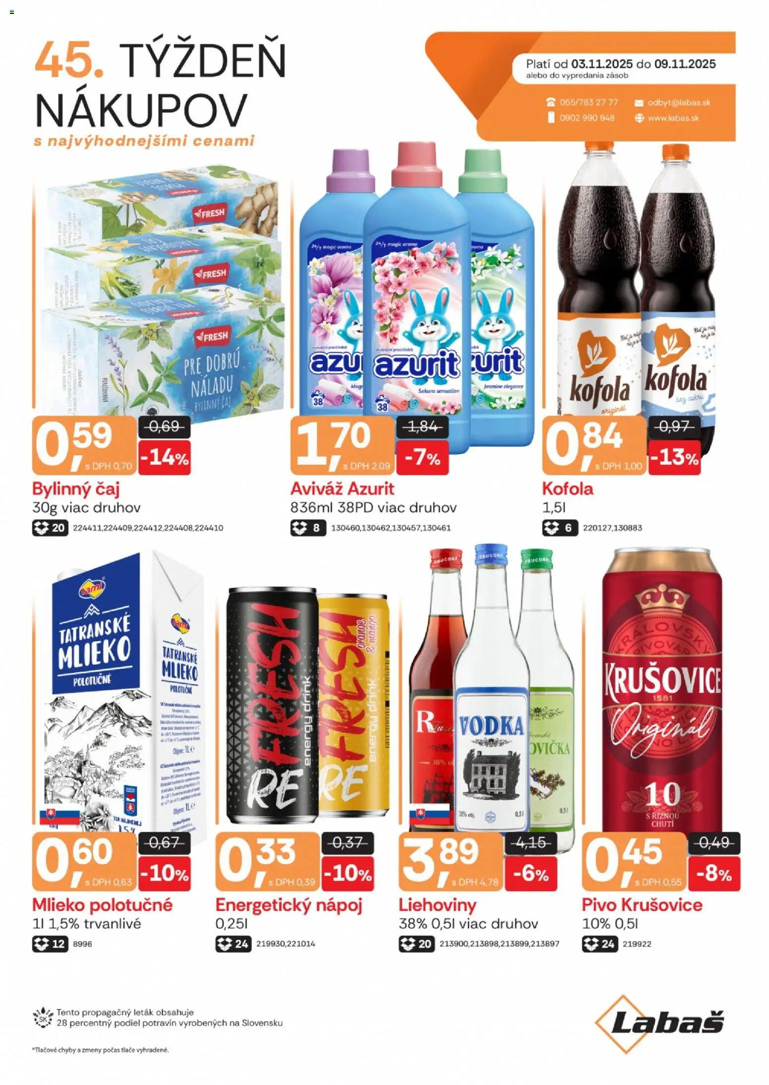 Nové Labaš akcie – leták je platný od 03.11.2025 | Strana: 1 | Produkty: Kofola, Aviváž, Vodka, Energetický nápoj