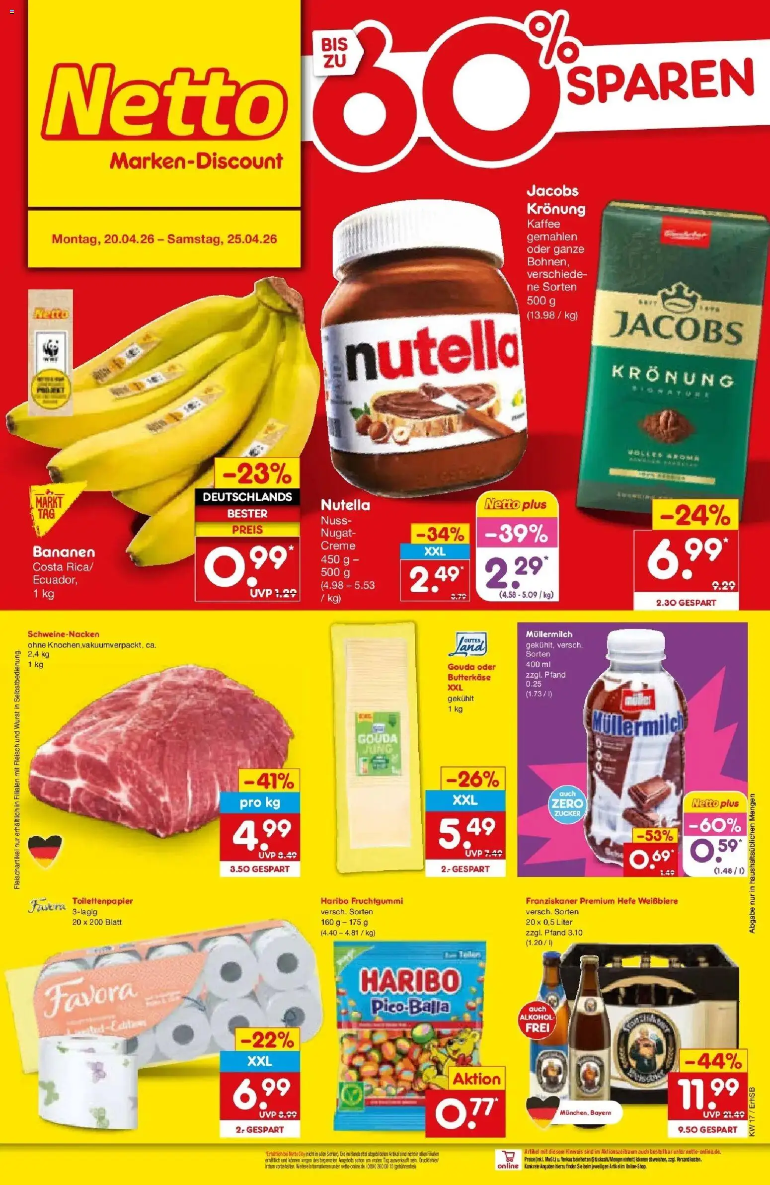 Netto Marken-Discount Prospekt München	 – gültig ab 20.04.2026 | Seite: 28 | Produkte: Franziskaner, Kaffee, Nutella, Wurst