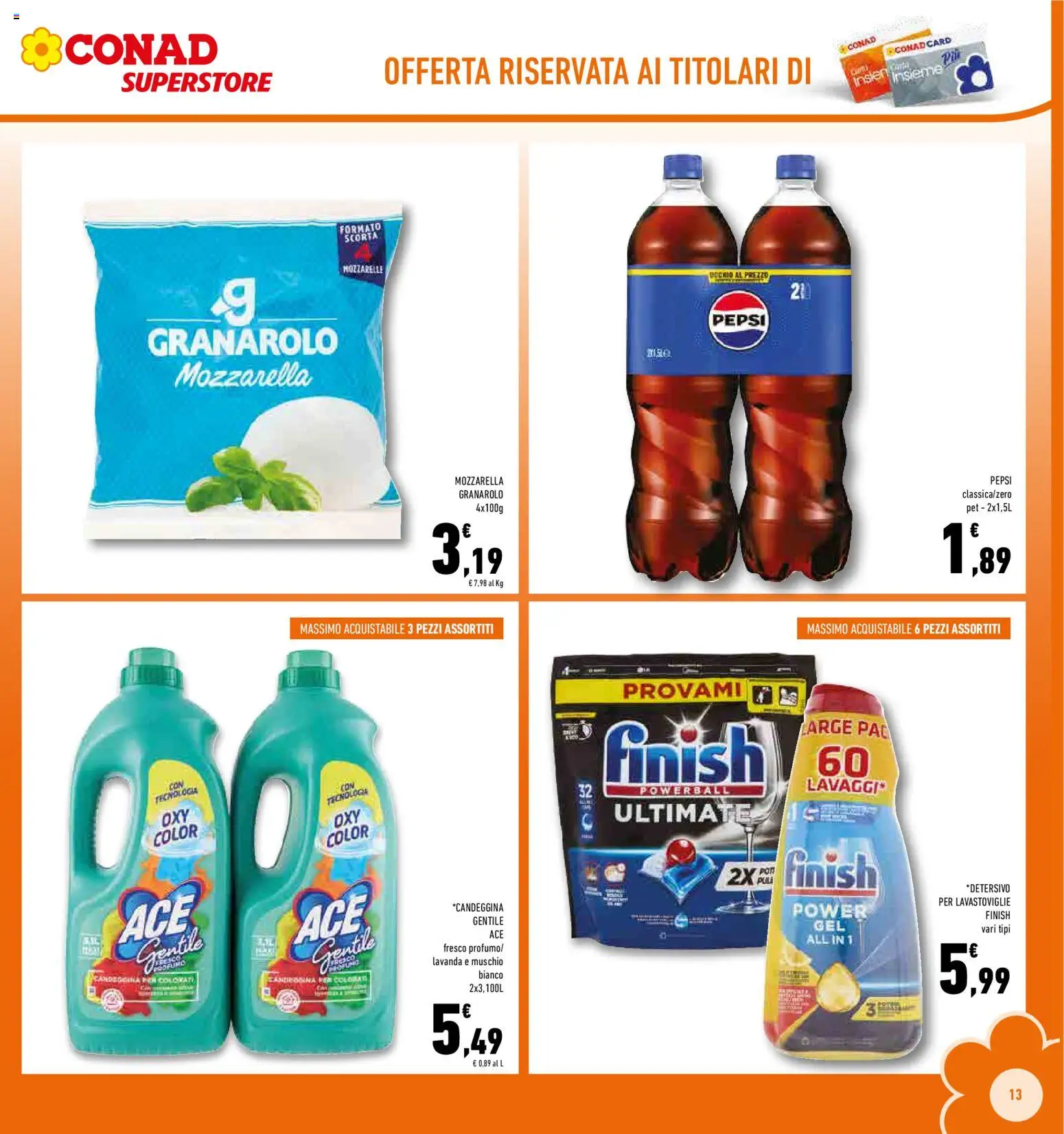 Volantino Conad del 27.12.2025 | Pagina: 13 | Prodotti: Candeggina, Mozzarella, Lavastoviglie, Pepsi