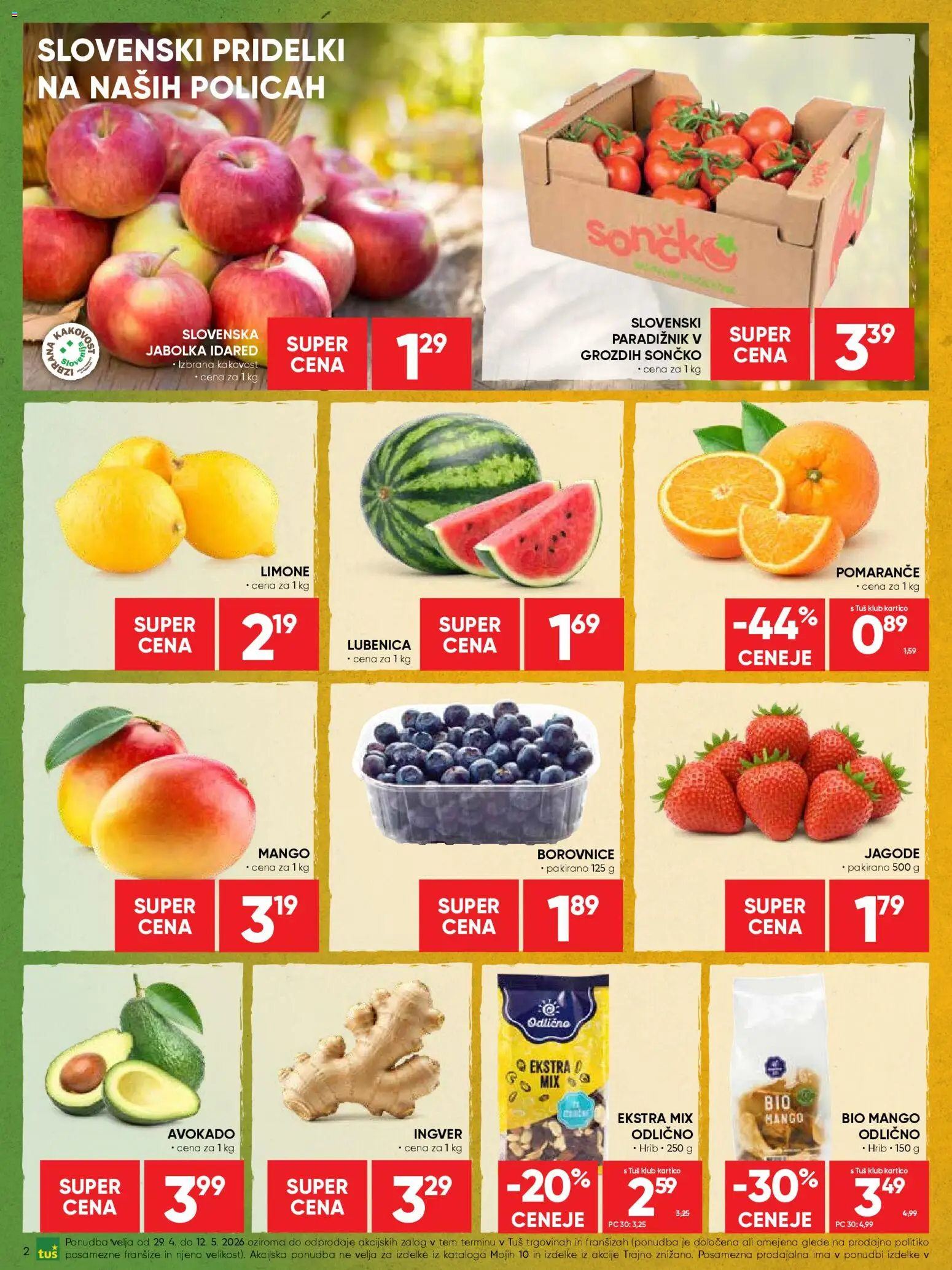 Novi Tuš katalog ponudbe – veljaven od 29.04.2026 | Stran: 2 | Izdelki: Pomarance, Paradiznik, Borovnice, Avokado
