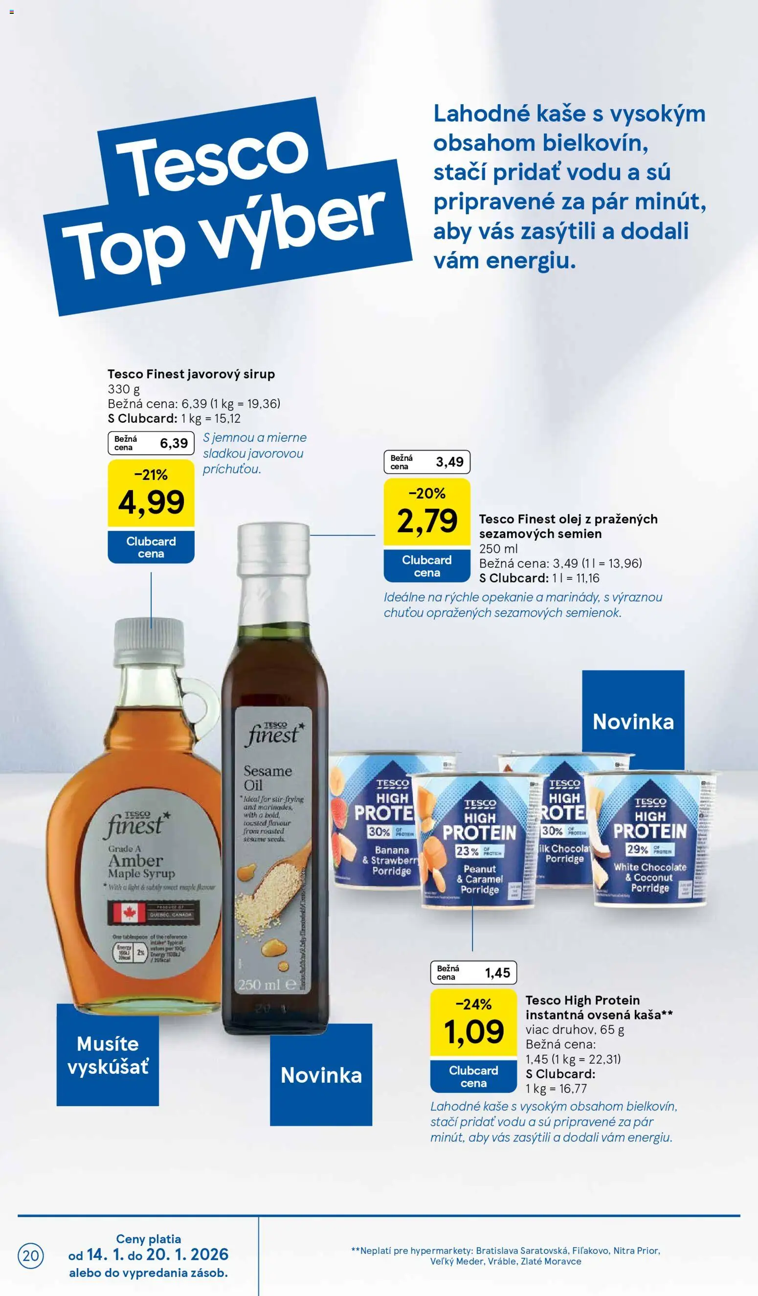 Nové Tesco akcie – leták je platný od 14.01.2026 | Strana: 20 | Produkty: Olej, Javorový sirup, Protein