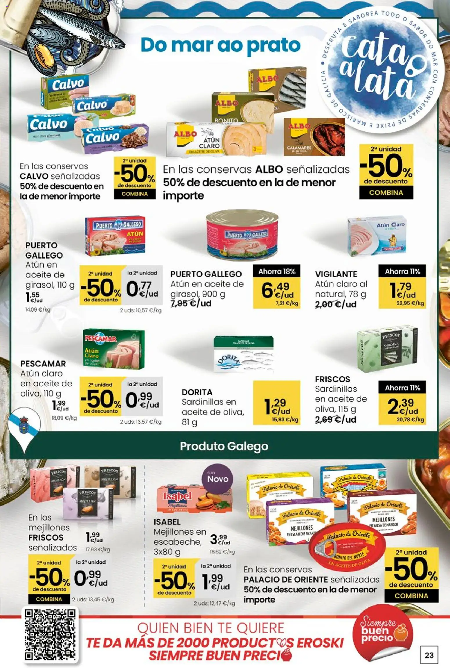 Eroski - Quen ben te quere farache aforrar │ válido desde el 15.01.2026 | Página: 23 | Productos: Calamares, Sardinillas, Aceite de oliva, Atún claro