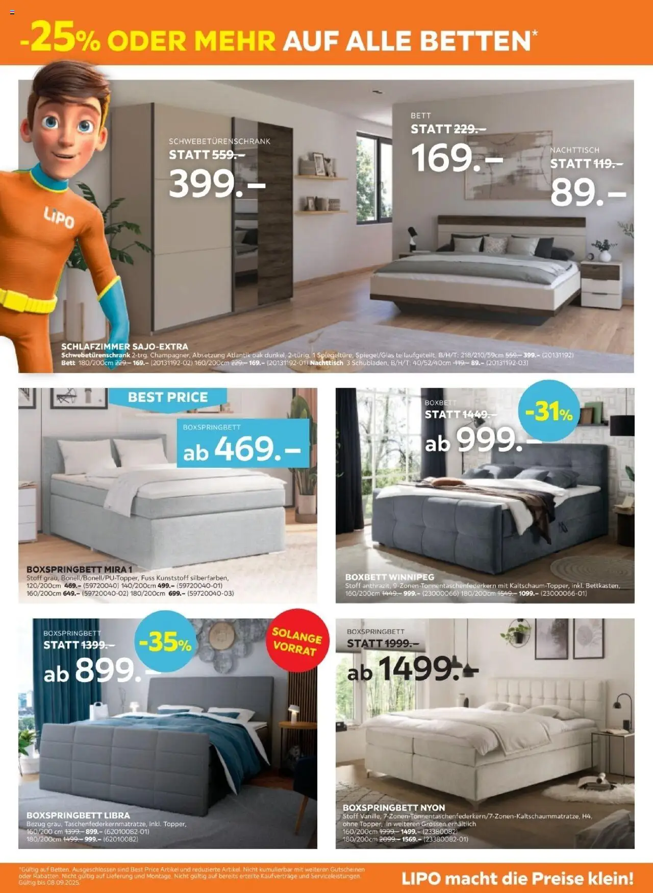 Lipo Aktionen ab 19.08.2025 | Seite: 5 | Produkte: Nachttisch, Schwebetürenschrank, Bett, Boxspringbett