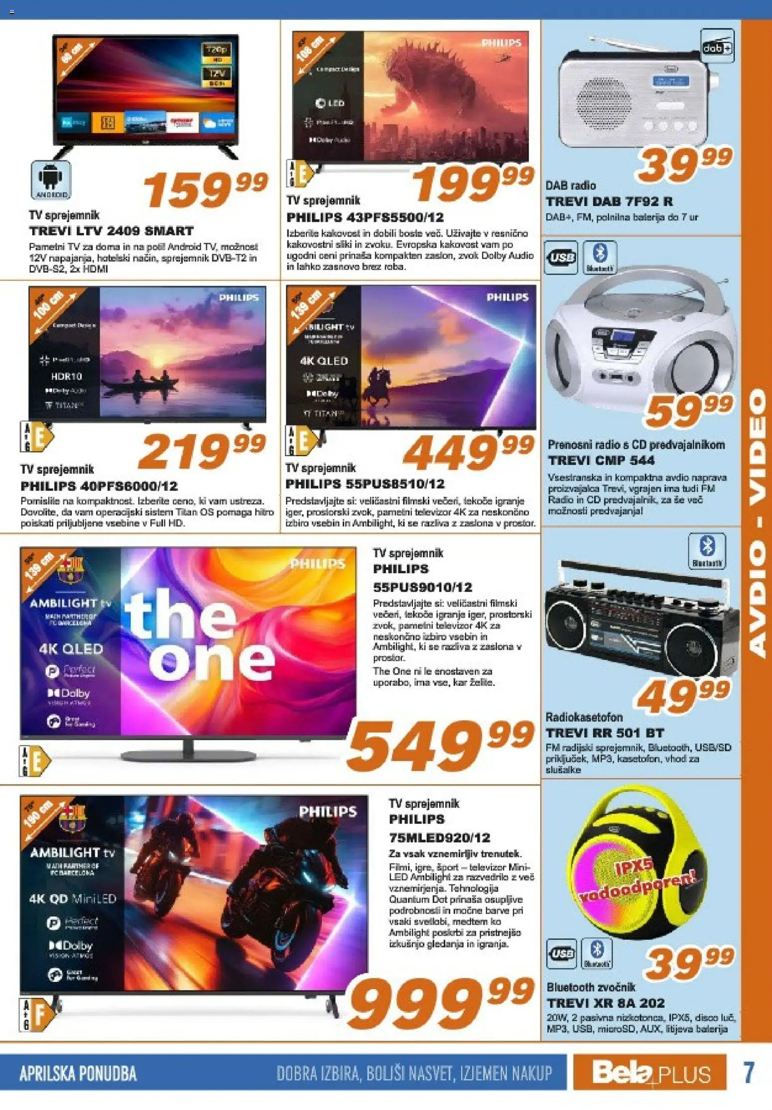 Novi Bela plus katalog ponudbe – veljaven od 16.04.2026 | Stran: 7 | Izdelki: Televizor, Video, Slusalke, Bluetooth zvočnik