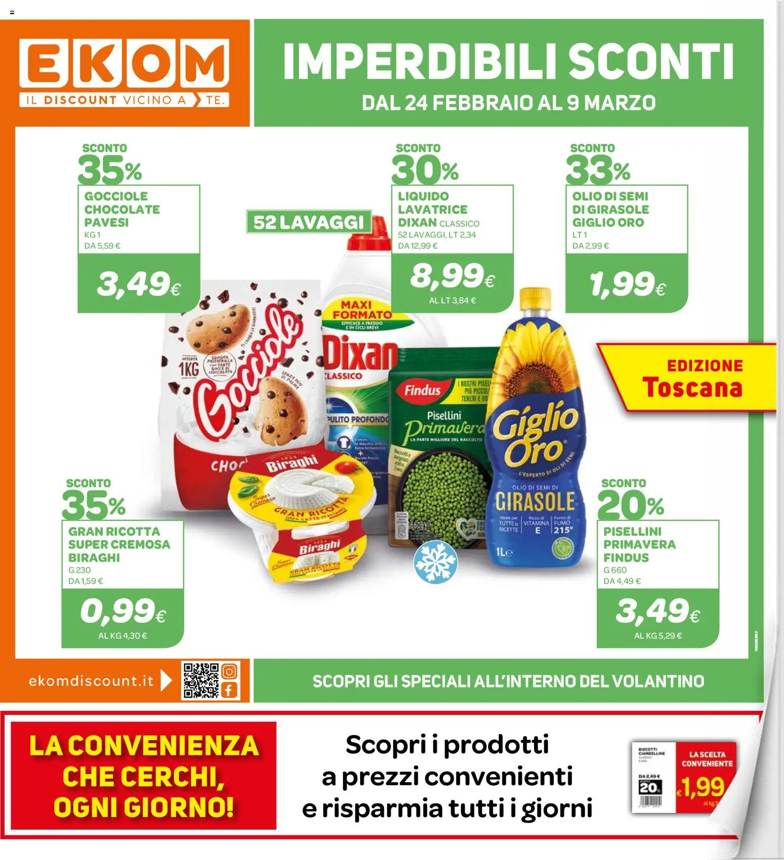 Volantino Ekom del 24.02.2026 | Pagina: 1 | Prodotti: Olio, Lavatrice, Ricotta