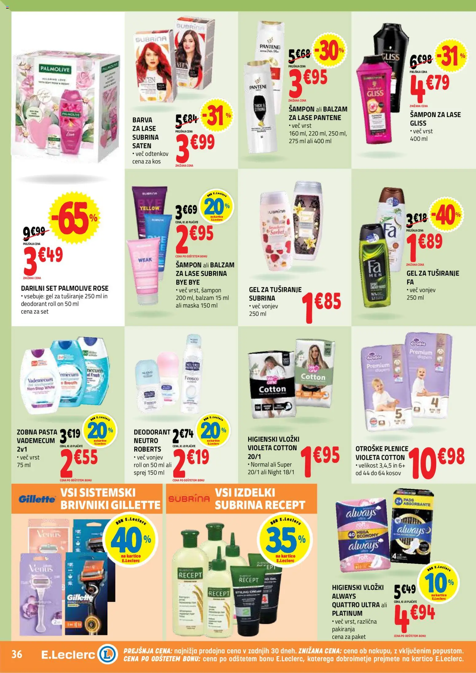 Novi E.leclerc katalog ponudbe – veljaven od 18.03.2026 | Stran: 36 | Izdelki: Higienski vložki, Sampon, Gel za tusiranje, Barva