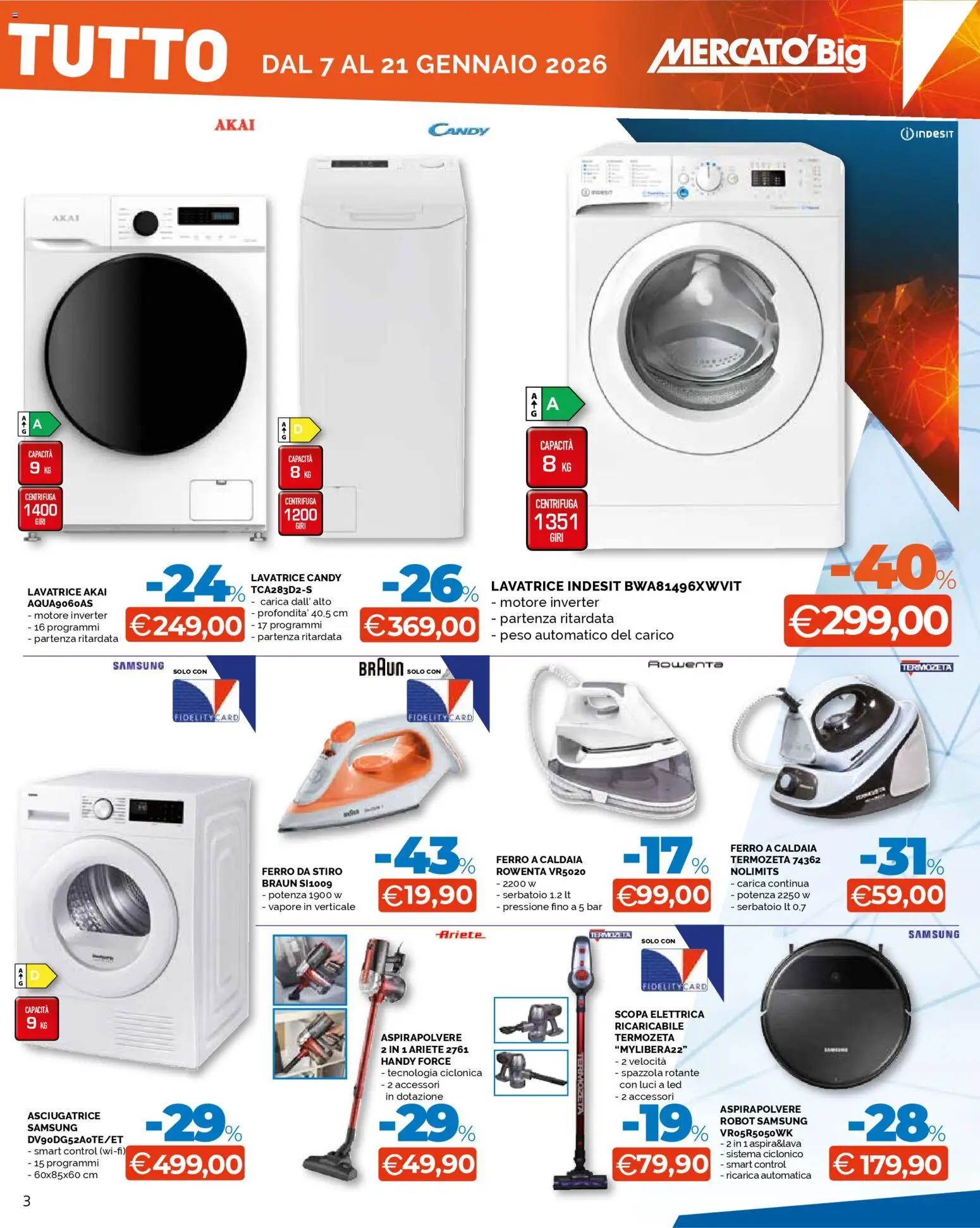 Volantino Mercatò del 07.01.2026 | Pagina: 3 | Prodotti: Caldaia, Lavatrice, Scopa, Robot