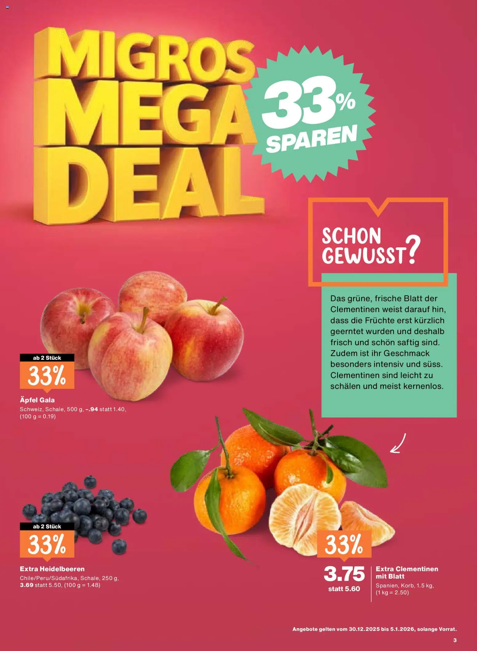Migros Aktionen – gültig ab 30.12.2025 | Seite: 3 | Produkte: Äpfel, Früchte, Apple