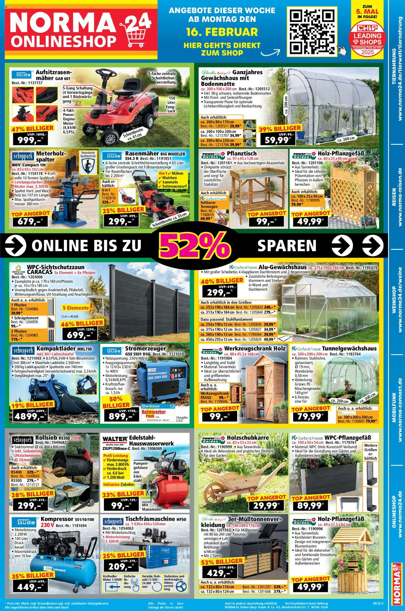 Norma Onlineshop – gültig ab 16.02.2026 | Seite: 1 | Produkte: Top, Manometer, Rasenmäher, Tür