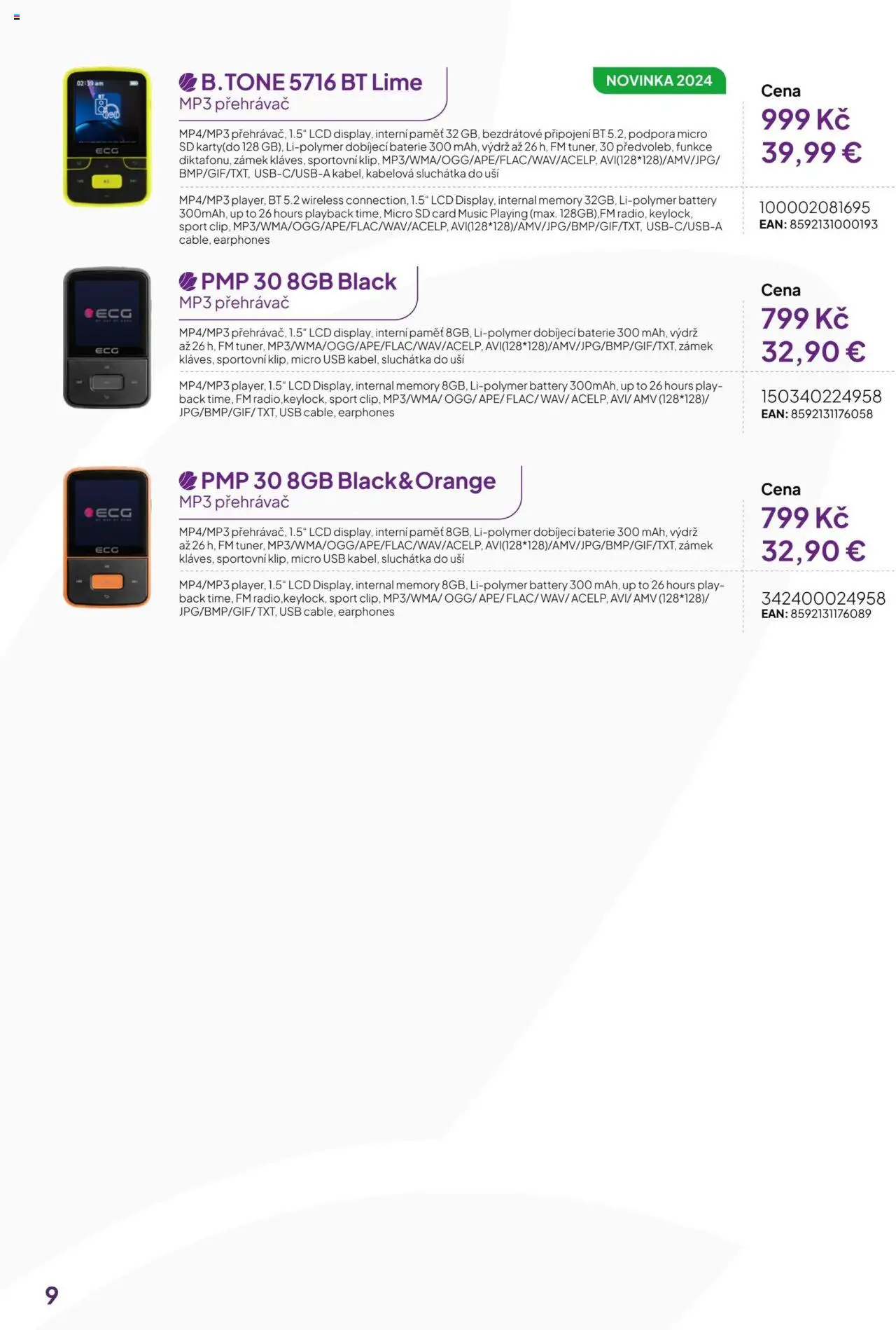 Expert elektro katalog - ECG - Televize audio-video od 19.08.2024 | Strana: 9 | Produkty: MP3, Sluchátka, USB, Baterie