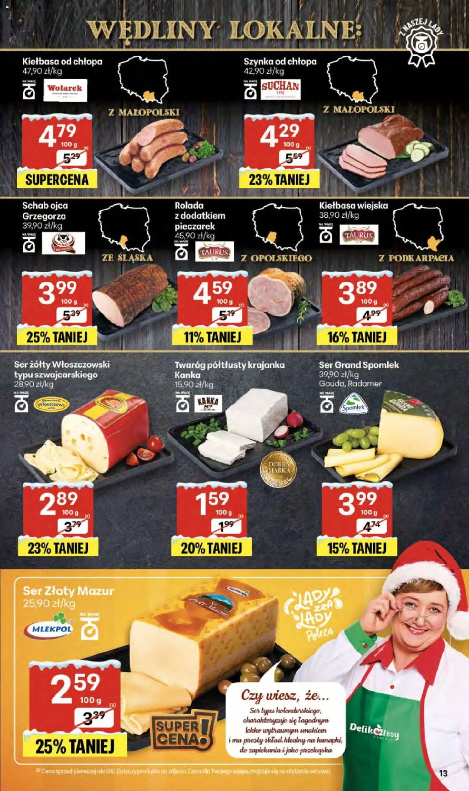 Delikatesy Centrum Gazetka od 18.12.2025 | Strona: 13 | Produkty: Kiełbasa, Twaróg półtłusty, Rolada, Szynka