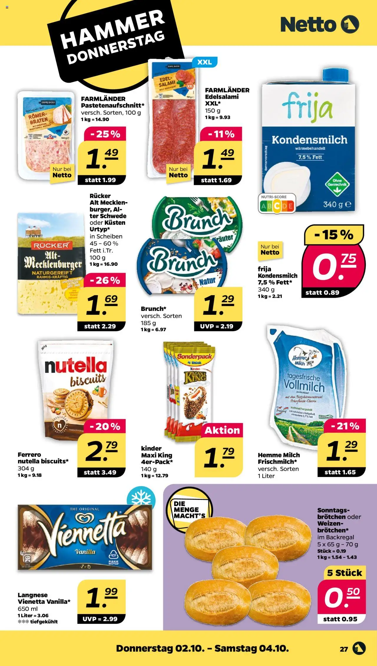 Netto Prospekt 	 – gültig ab 29.09.2025 | Seite: 27 | Produkte: Langnese, Milch, Nutella, Salami