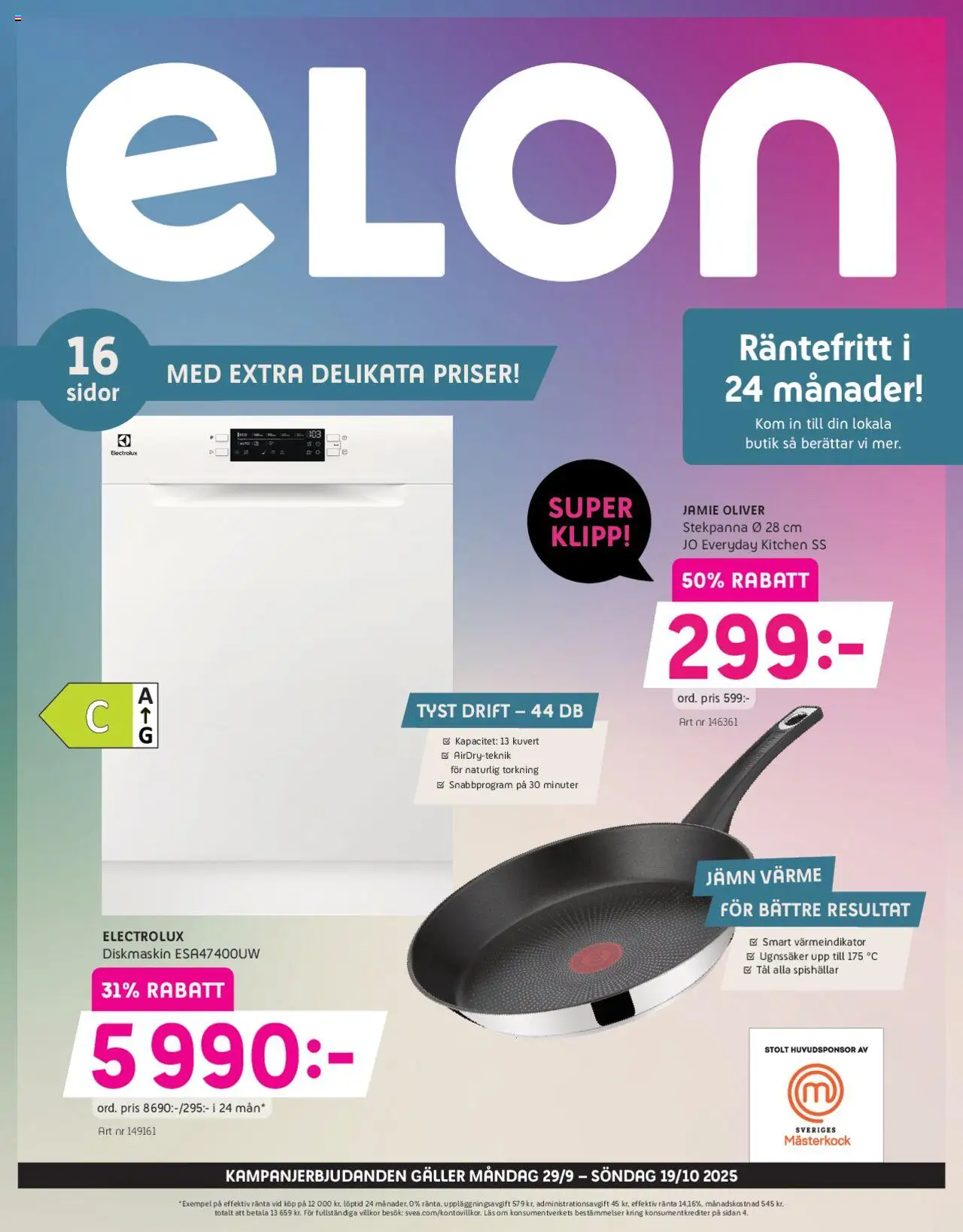 Elon reklamblad aktuell från 29.09.2025 | Sida: 1 | Produkter: Diskmaskin, Oliver, Kuvert, Stekpanna