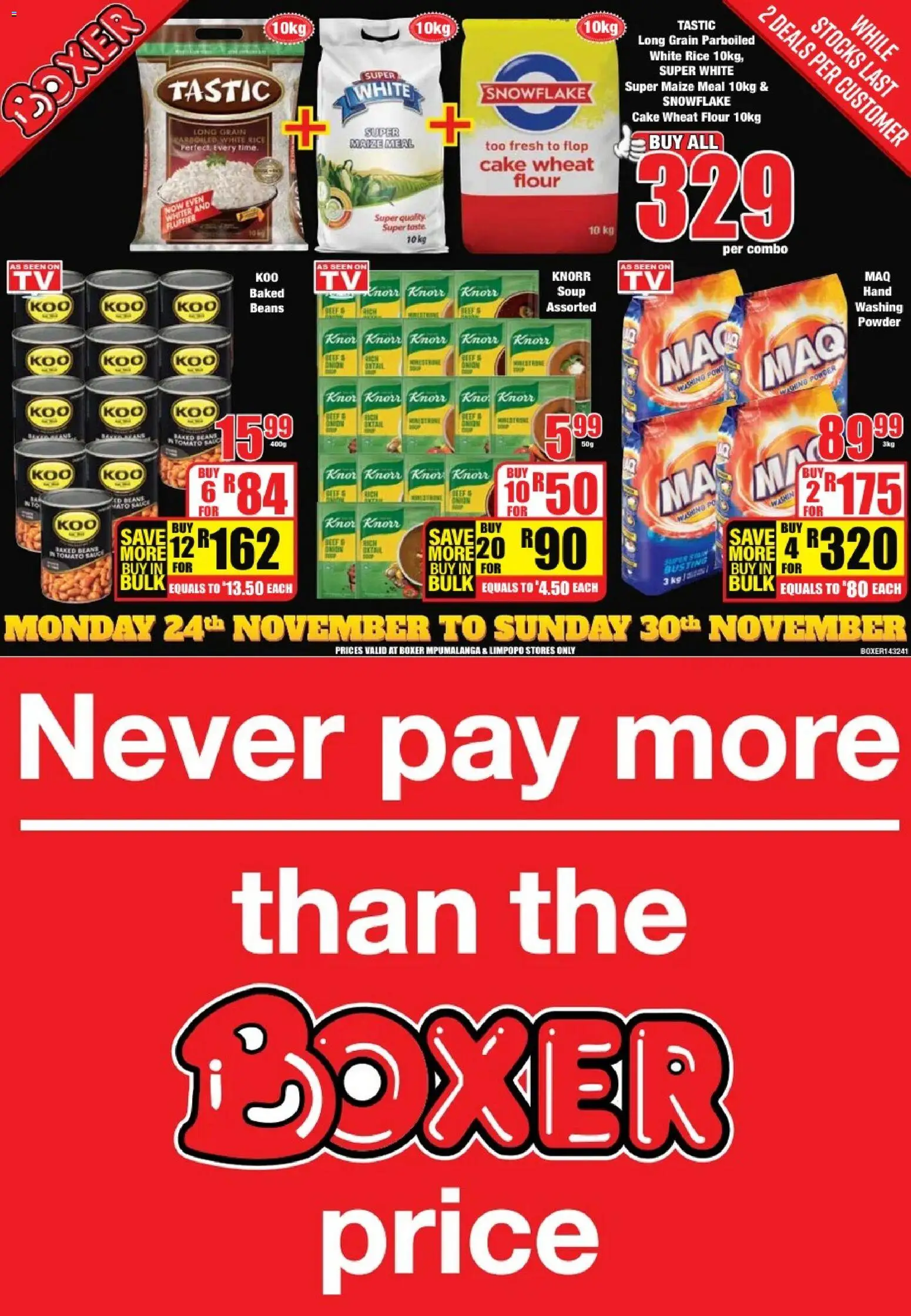 New Boxer catalogue – valid from 24.11.2025 | Page: 1 | Products: Baked beans, Maize meal, Powder, Soup