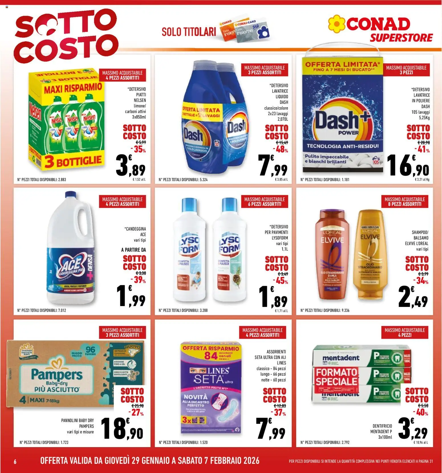 Volantino Conad del 29.01.2026 | Pagina: 6 | Prodotti: Balsamo, Dentifricio, Lavatrice, Pampers