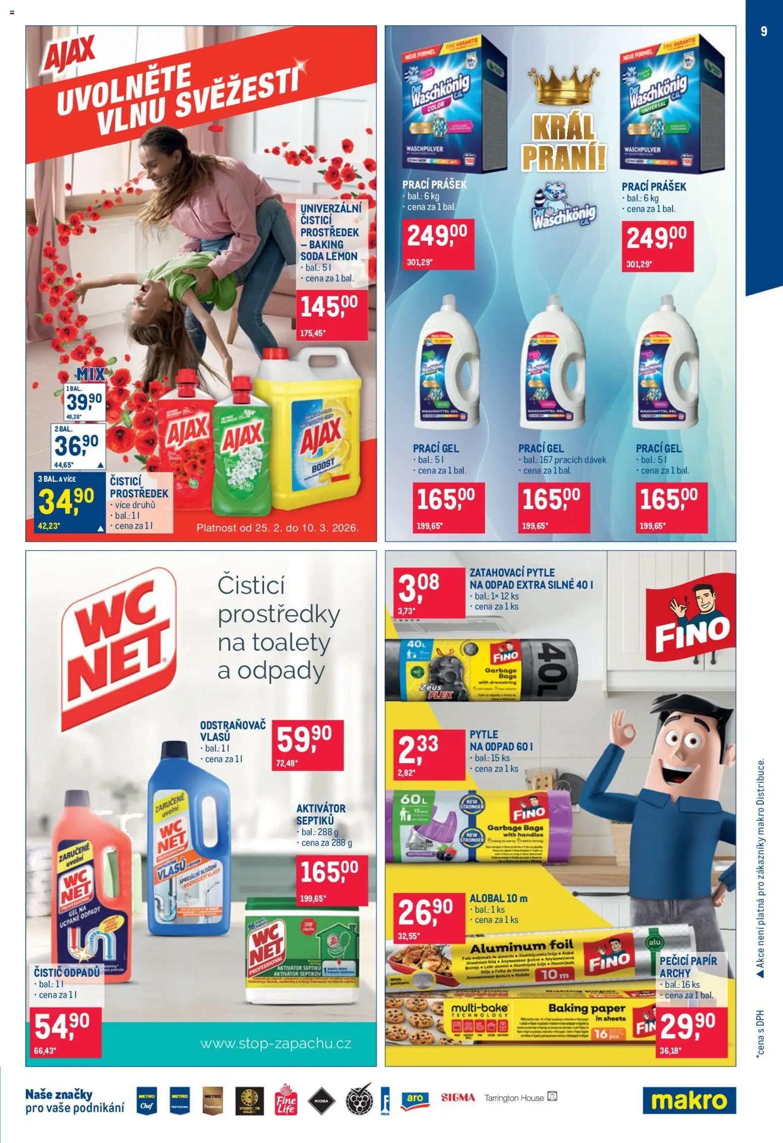 Makro leták - Úklid a kosmetika od 25.02.2026 | Strana: 9 | Produkty: Prací gel, Ajax, Čistič odpadů, Alobal