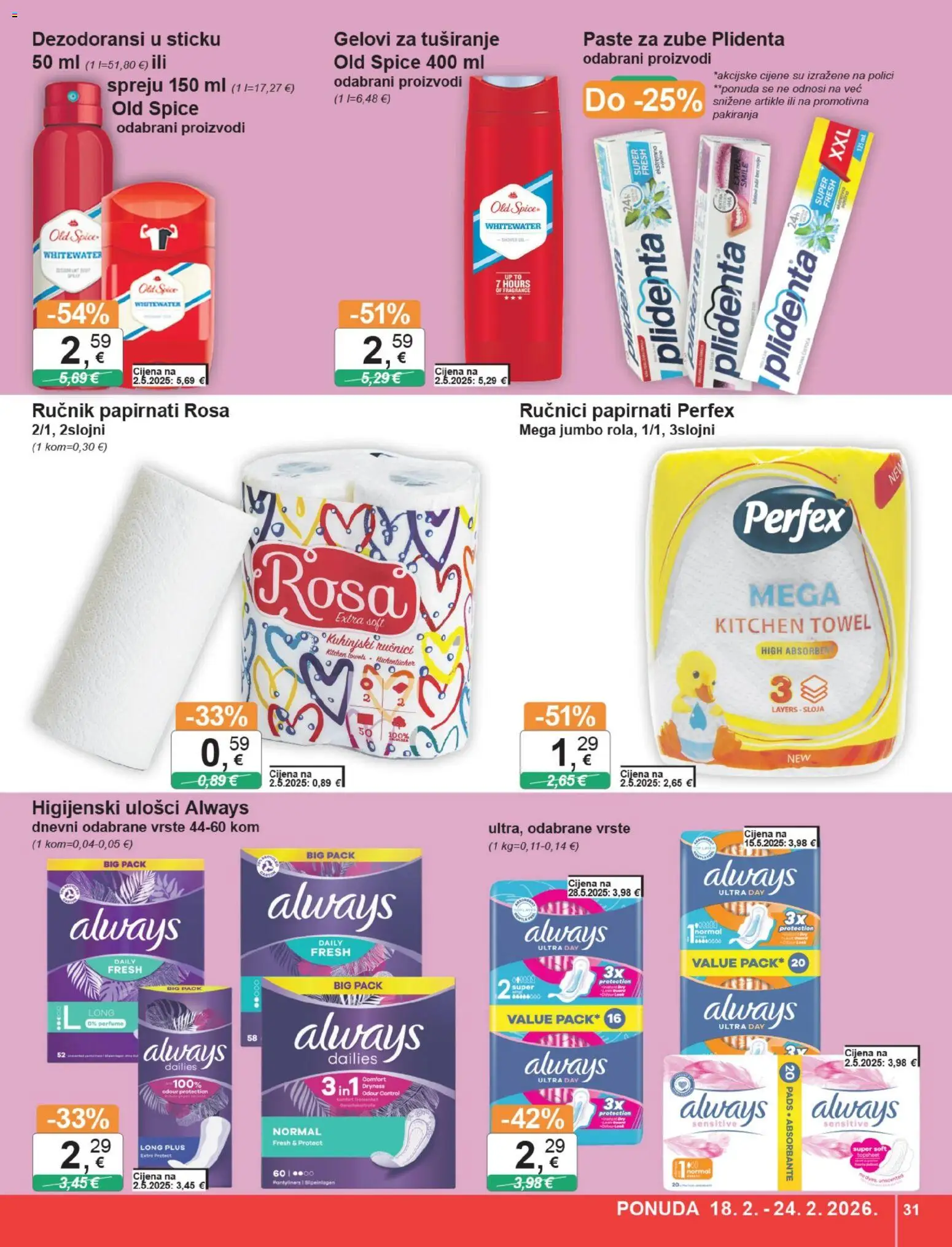 KTC katalog | vrijedi od 18.02.2026 | Stranica: 31 | Proizvodi: Higijenski ulošci, Ručnik, Old Spice