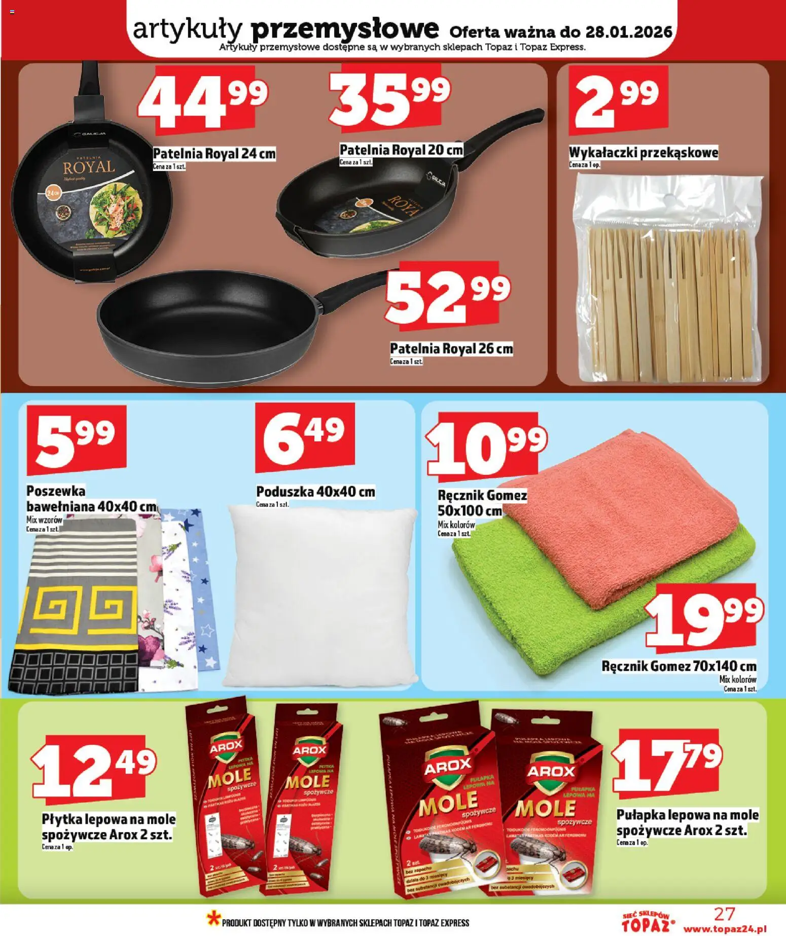Topaz Gazetka - Ceny małe na stałe od 22.01.2026 | Strona: 27 | Produkty: Poduszka, Artykuły przemysłowe, Patelnia