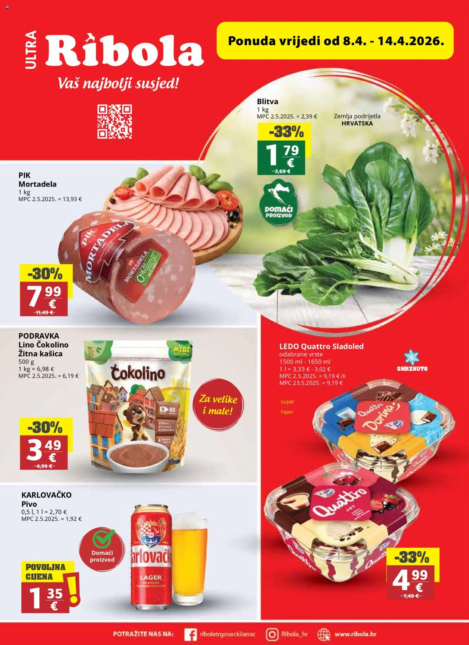 Ribola katalog | vrijedi od 08.04.2026 | Stranica: 1 | Proizvodi: Karlovačko, Podravka, Mortadela, Sladoled