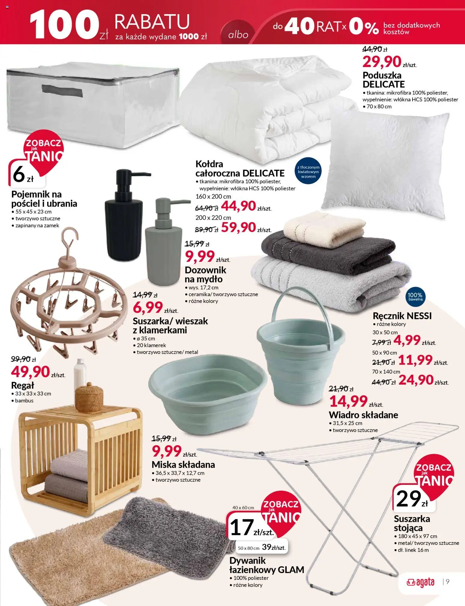 Salony Agata gazetka od 11.03.2026 | Strona: 9 | Produkty: Ubrania, Dywanik łazienkowy, Poduszka, Kołdra