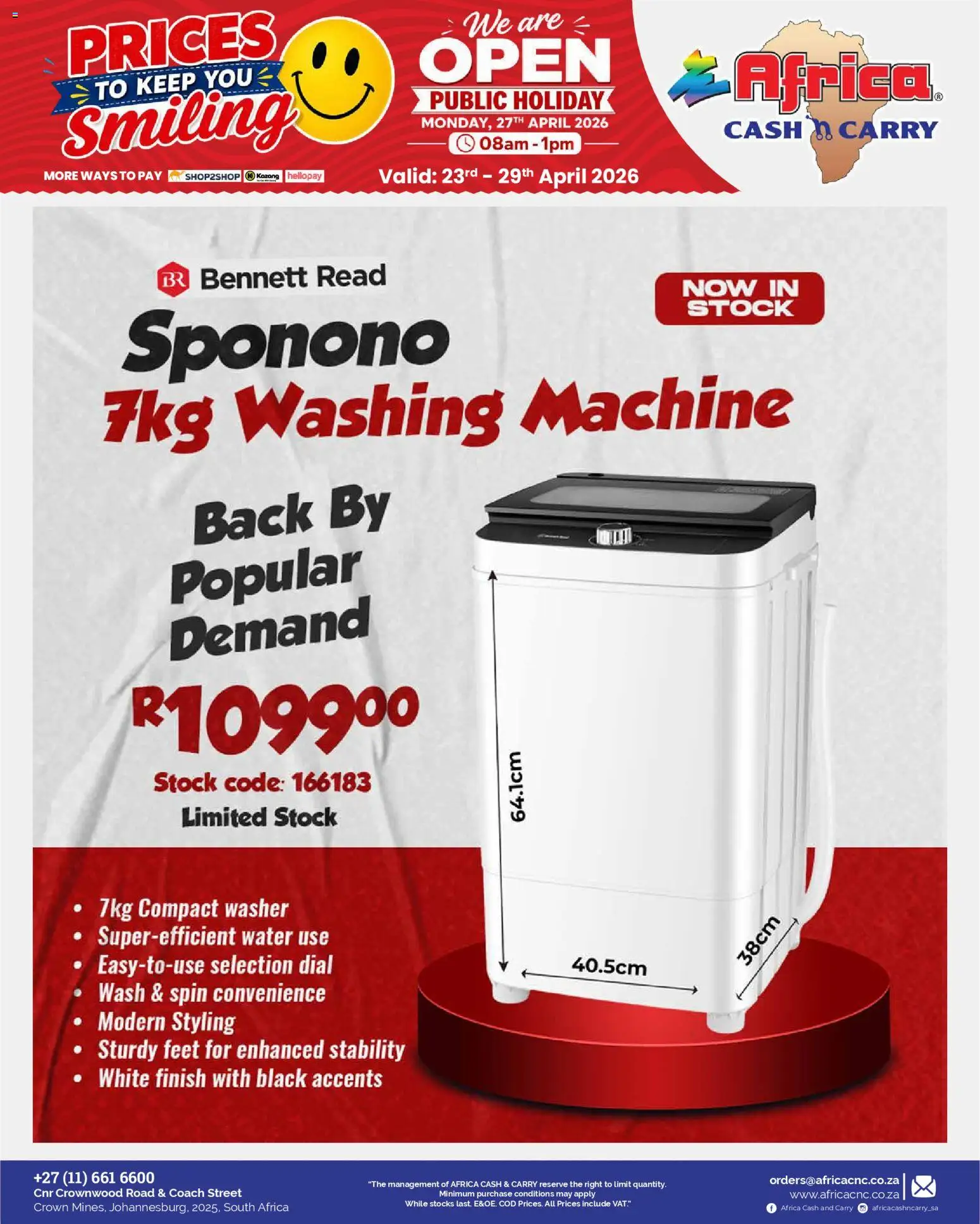 New Africa Cash & Carry catalogue – valid from 23.04.2026 | Page: 48 | Products: Washing machine, Stock, Water