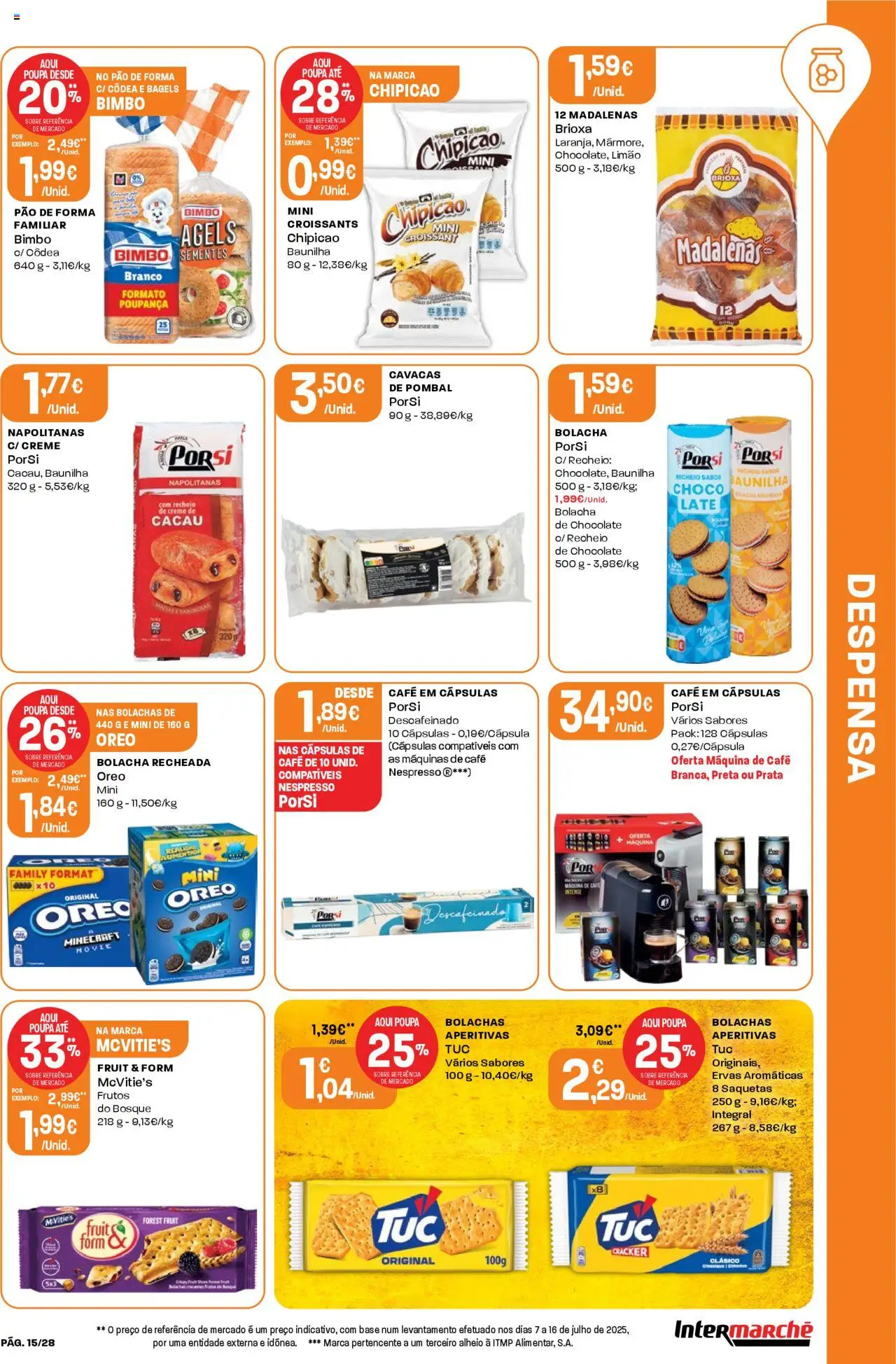 Intermarché folheto │ válido de 14.08.2025 | Página: 15 | Produtos: Bolachas, Base, Nespresso, Pão