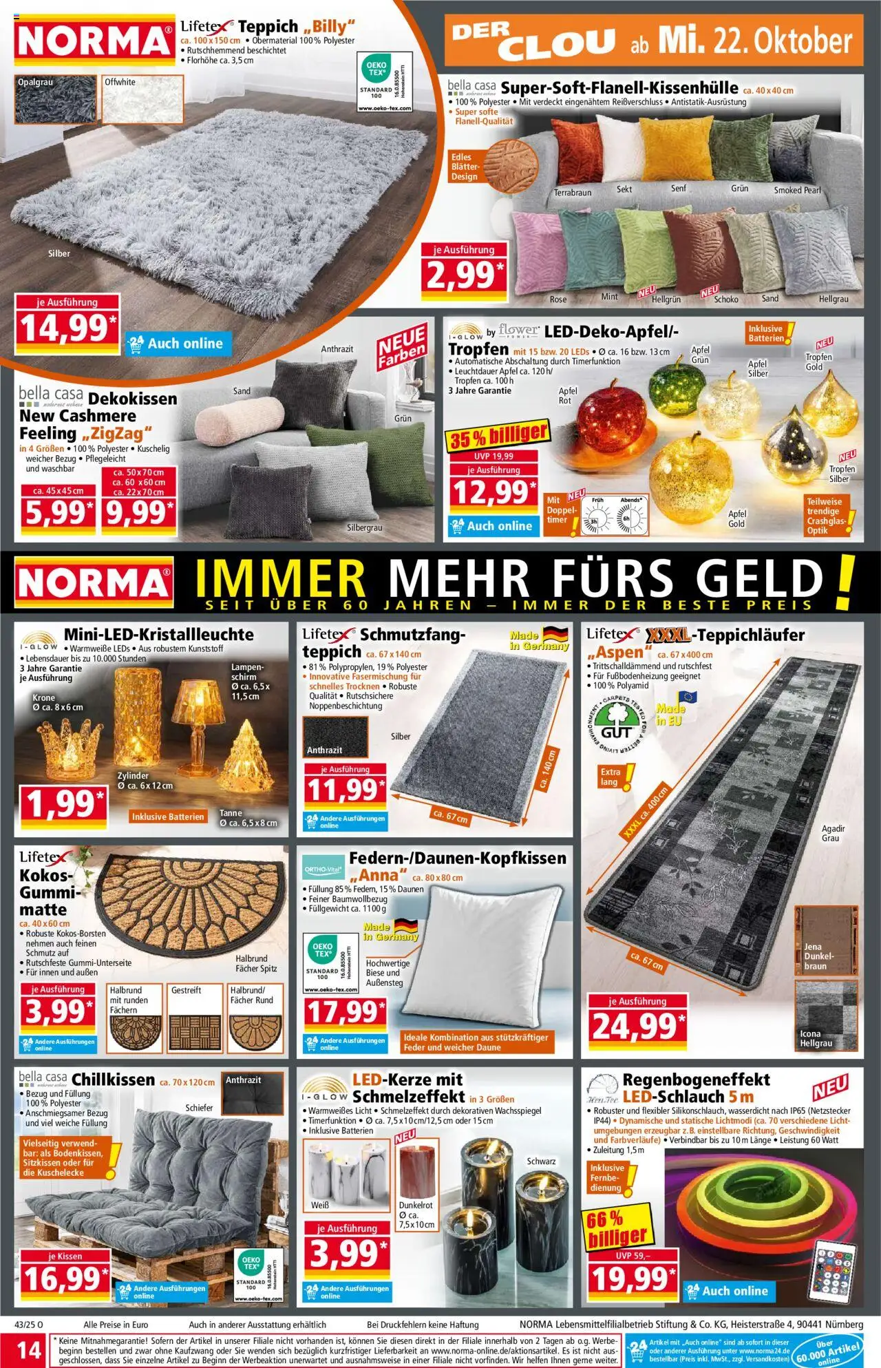 Norma Prospekt 	 – gültig ab 20.10.2025 | Seite: 14 | Produkte: Kissen, Sekt, Teppich, Äpfel