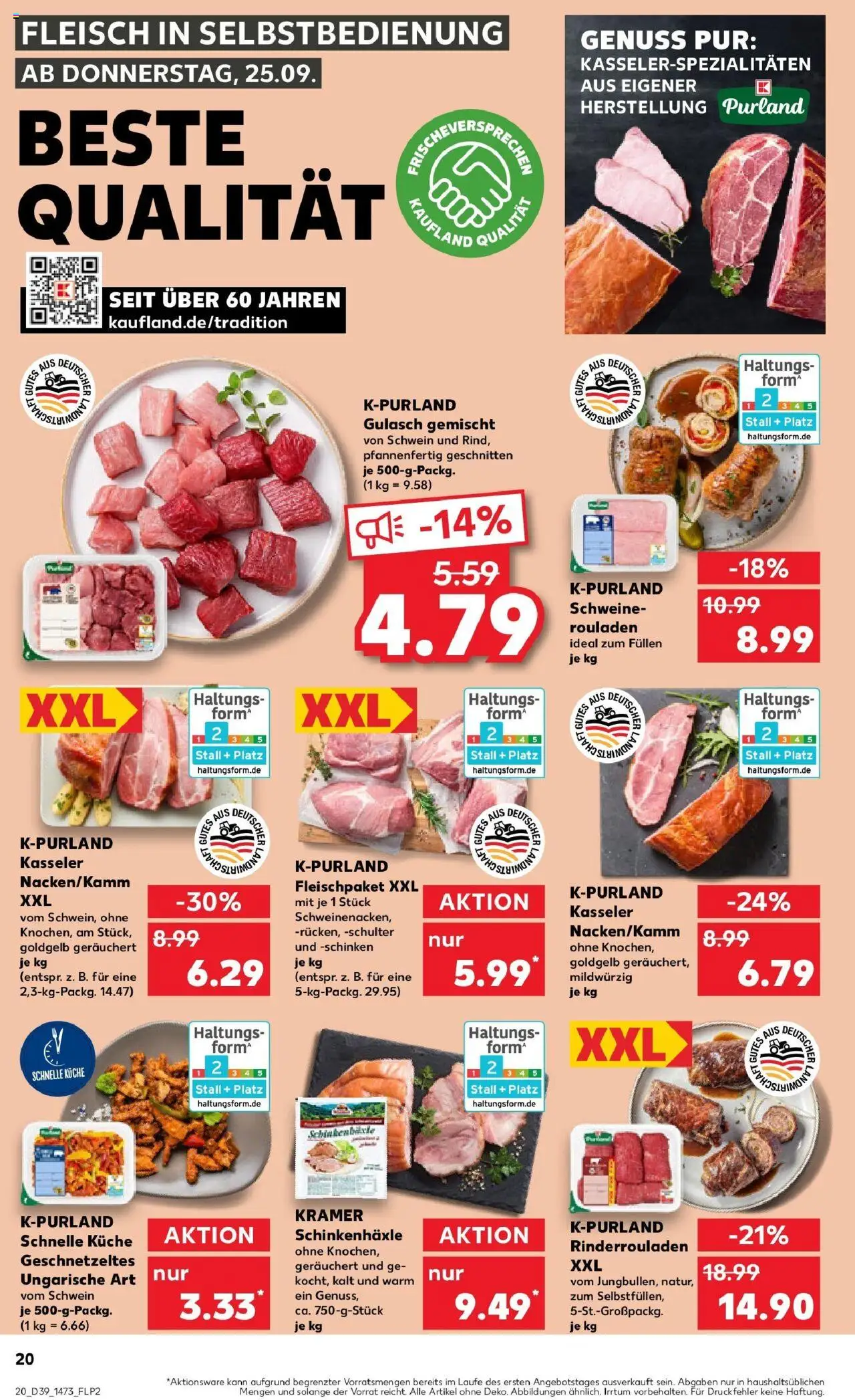 Kaufland prospekt Mühlhausen	 – gültig ab 25.09.2025 | Seite: 20 | Produkte: Rinderrouladen, Gulasch, Schinken, Fleisch