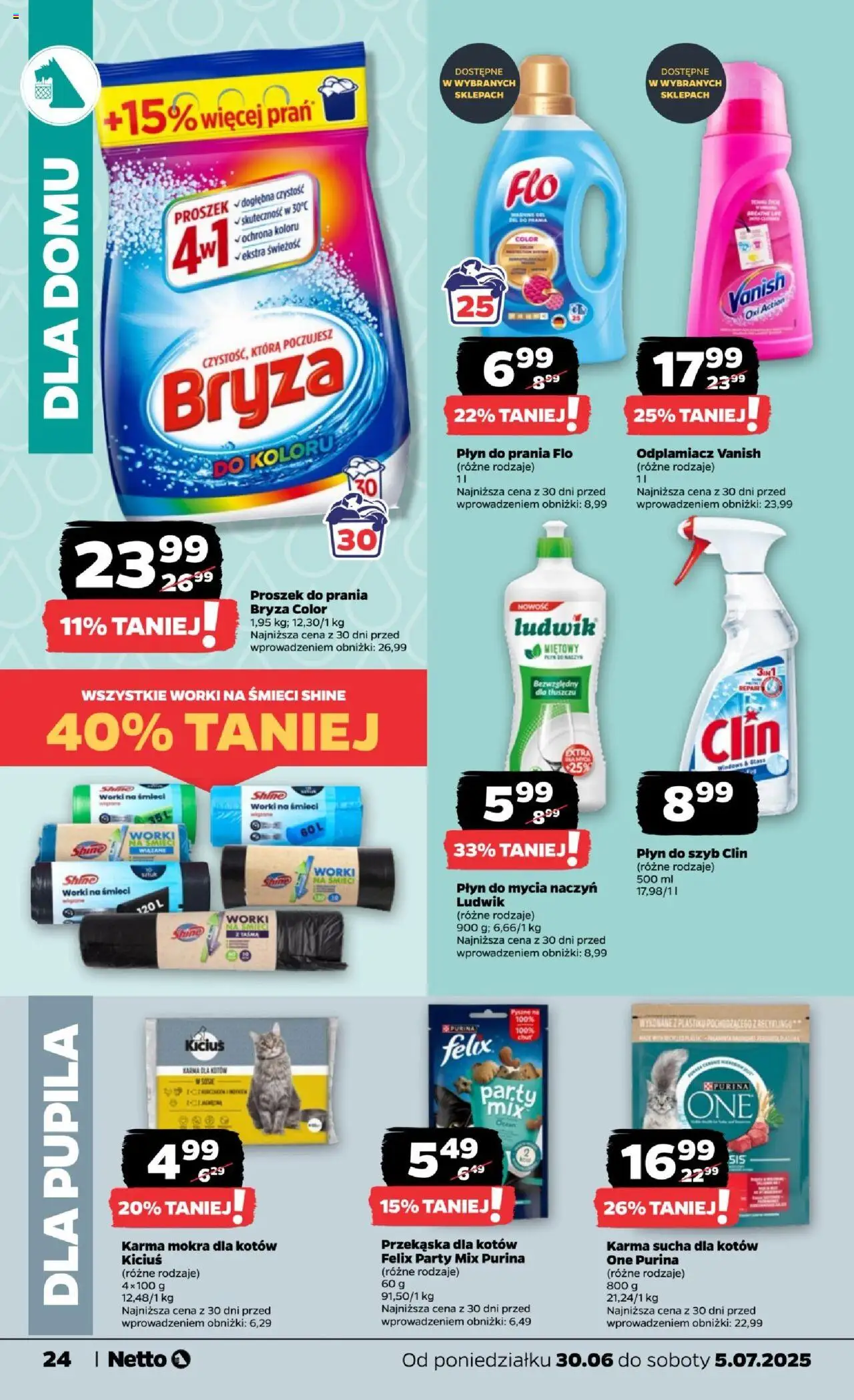 Netto gazetka - Spożywcza od 30.06.2025 | Strona: 24 | Produkty: Vanish, Karma dla kotów, Odplamiacz, Płyn do mycia naczyń