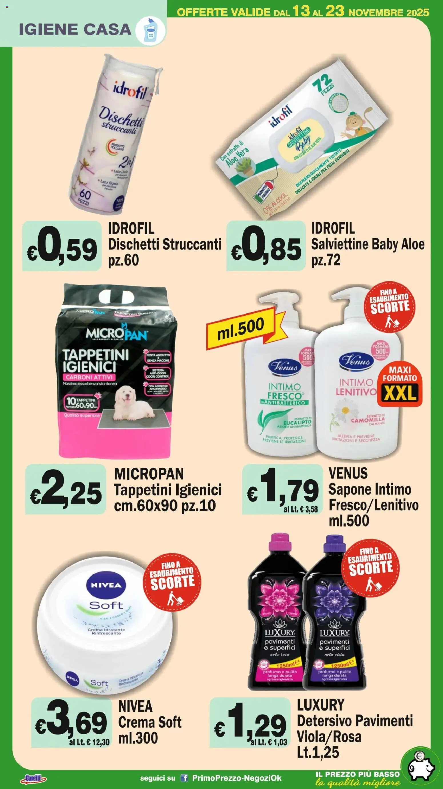 Volantino Primo Prezzo del 13.11.2025 | Pagina: 29 | Prodotti: Dischetti struccanti, Intimo, Vino, Profumo