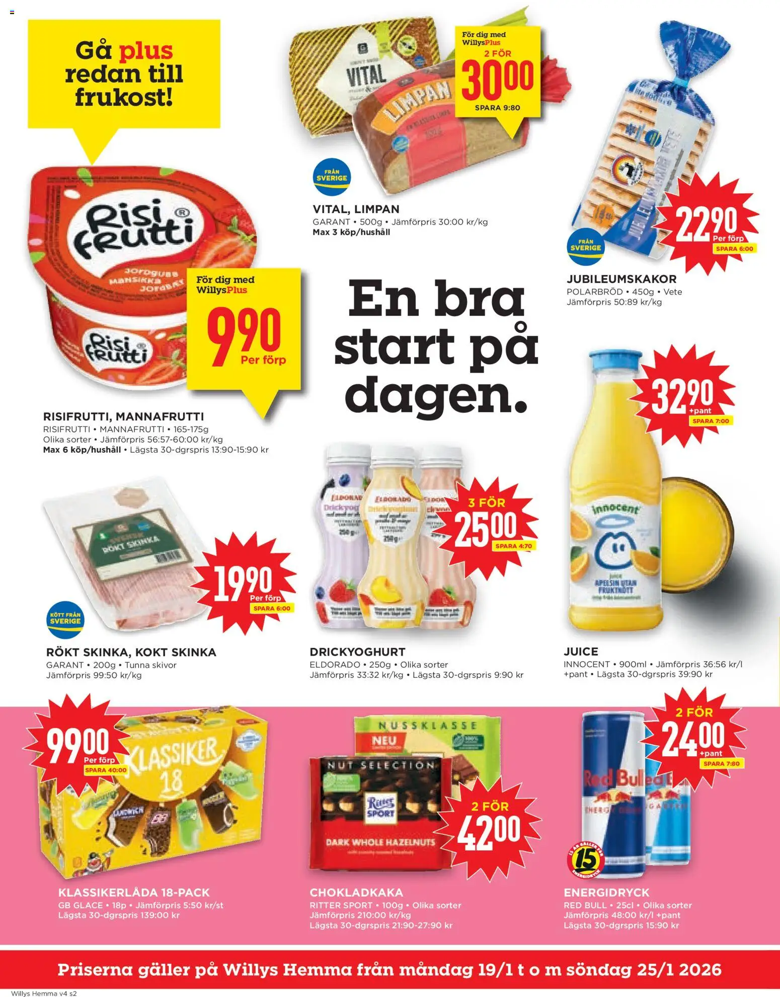 Willys reklamblad aktuell från 19.01.2026 | Sida: 2 | Produkter: Red bull, Chokladkaka, Juice, Energidryck