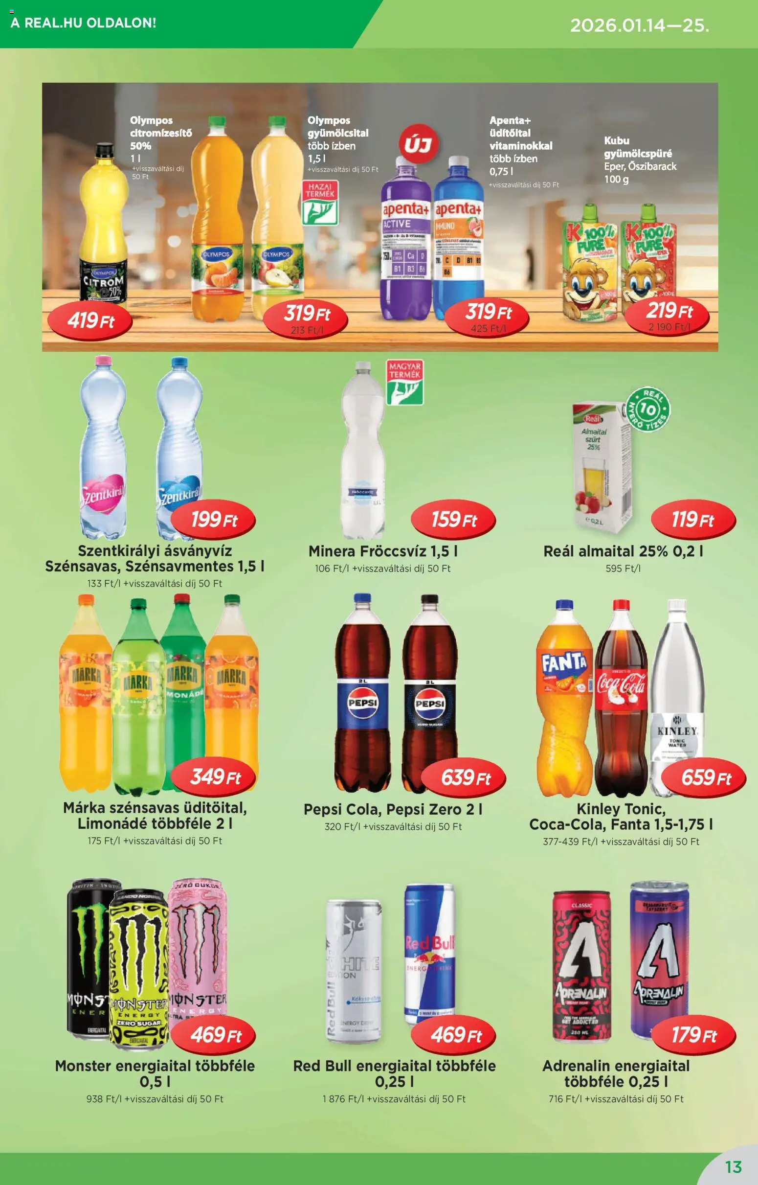 Reál akciós ujság - amely érvényes a következő dátumtól: 14.01.2026 | Oldal: 13 | Termékek: Gyümölcsital, Fanta, Limonádé, Citrom