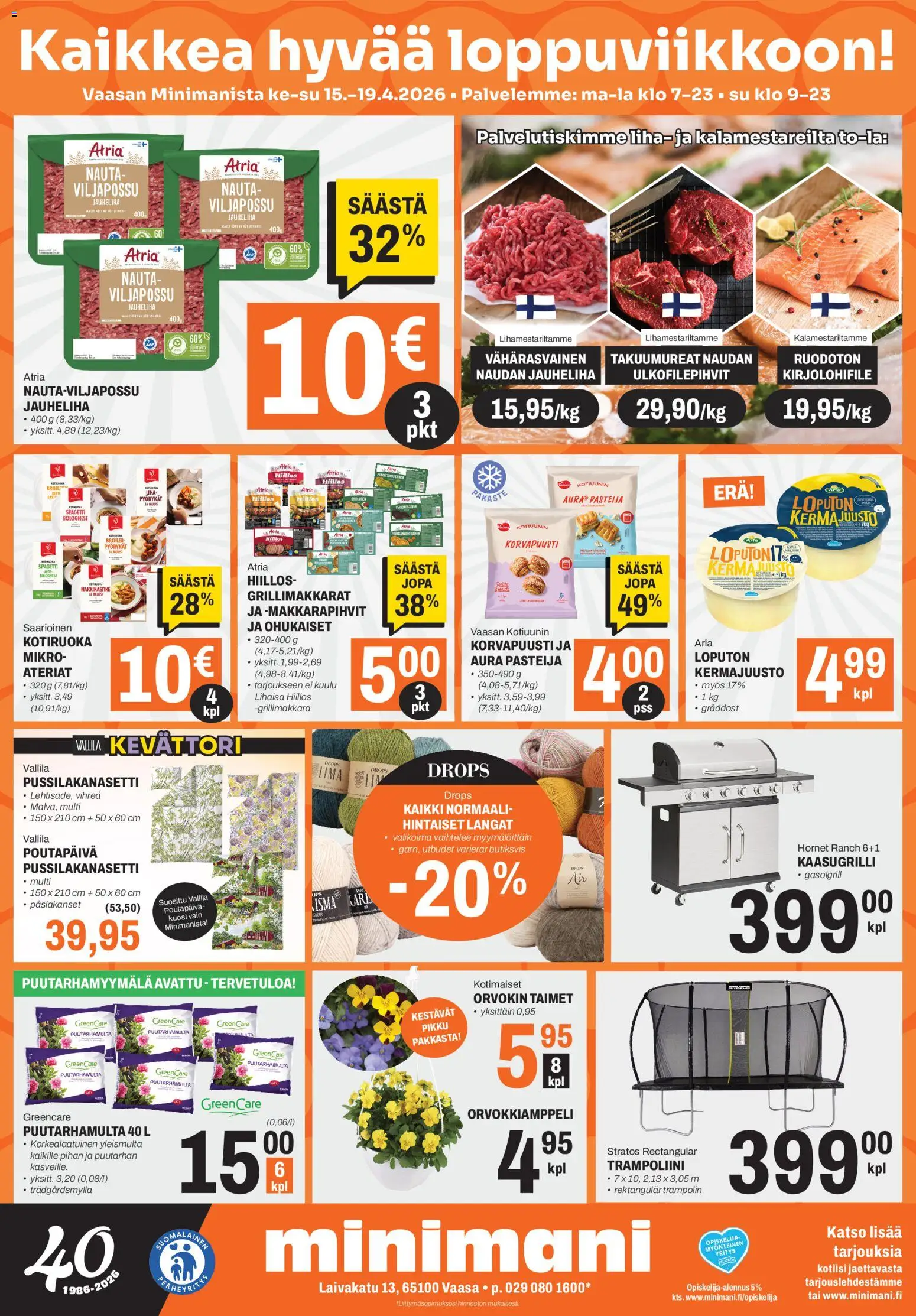 Minimani Tarjoukset - Vaasa – voimassa 15.04.2026 alkaen | Sivu: 1 | Tuotteet: Pussilakanasetti, Kaasugrilli, Spagetti, Trampoliini