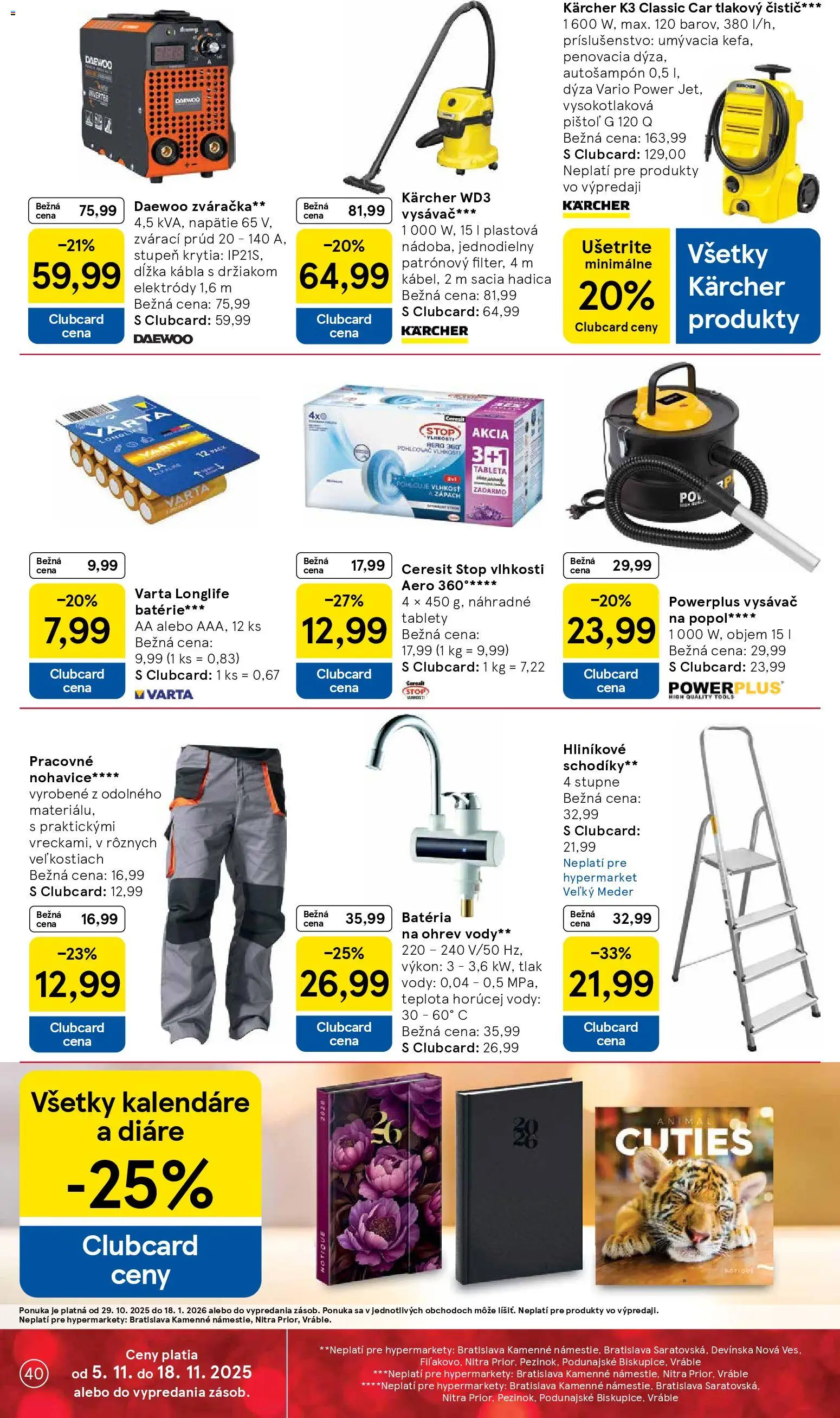 Nové Tesco akcie – leták je platný od 05.11.2025 | Strana: 40 | Produkty: Zváračka, Tlakový čistič, Vysávač, Batéria